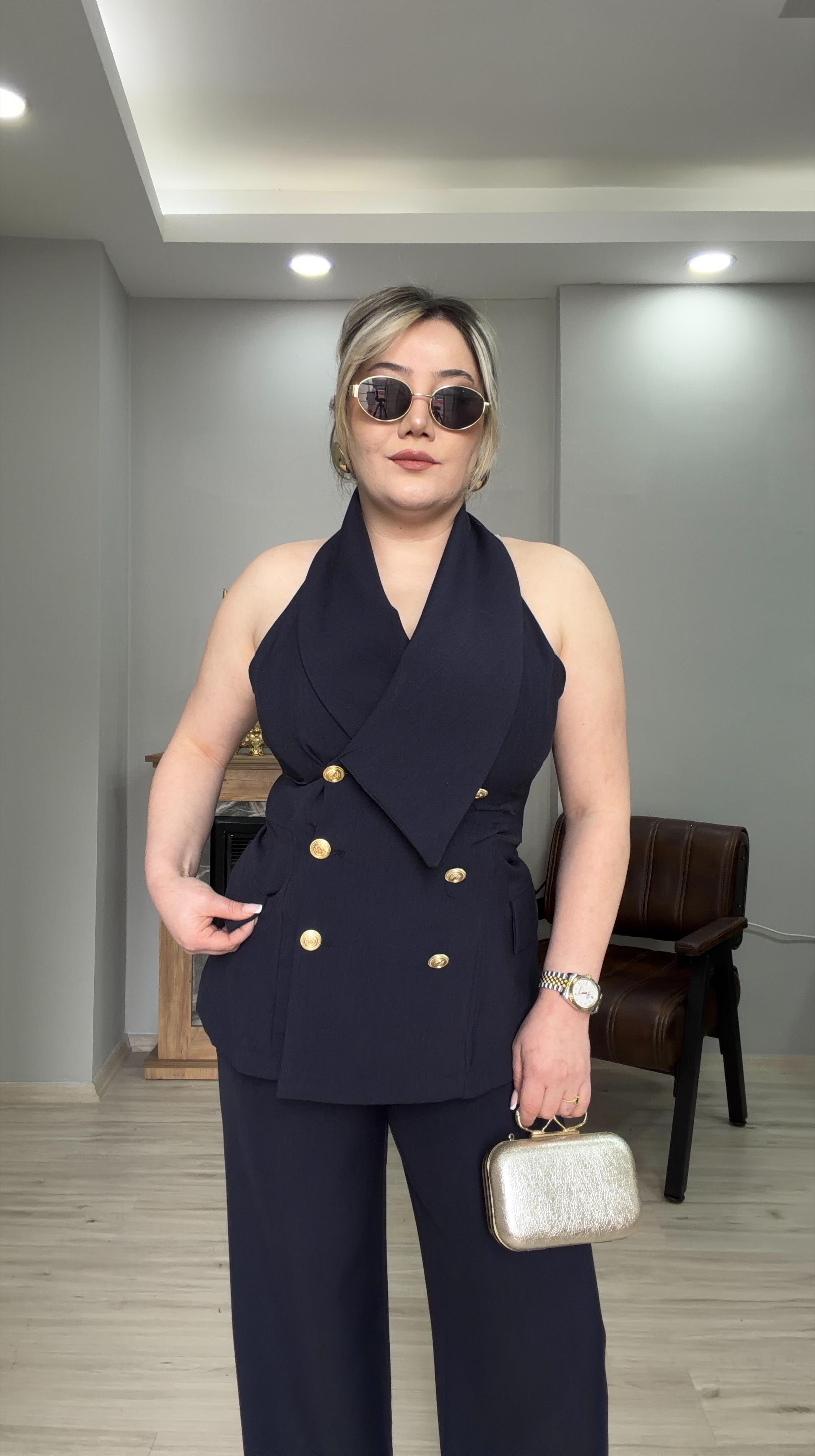 GOLD DÜĞMELİ YELEKLİ TAKIM LACİVERT