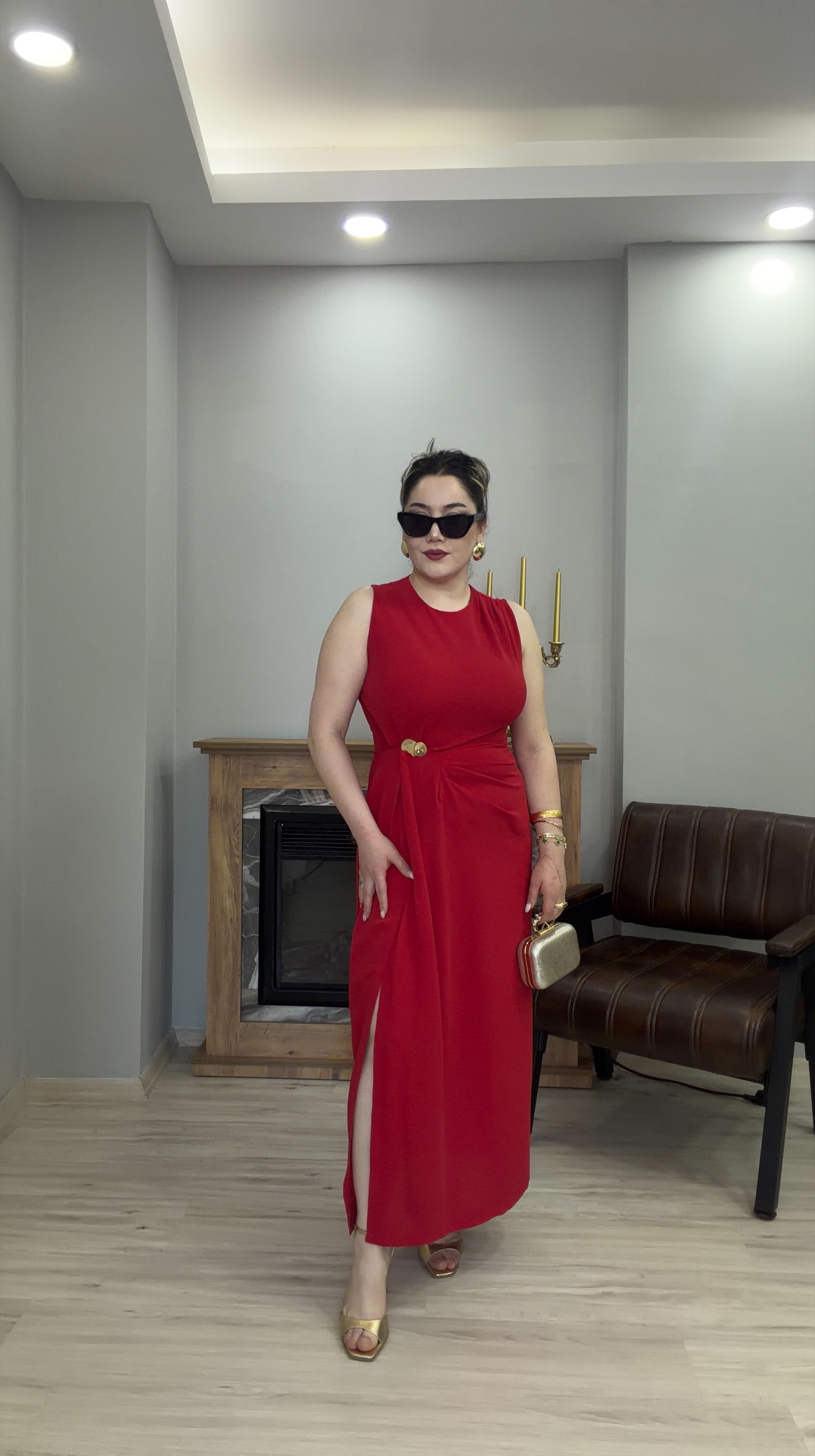 GOLD TOKALI DRAPELİ ELBİSE KIRMIZI