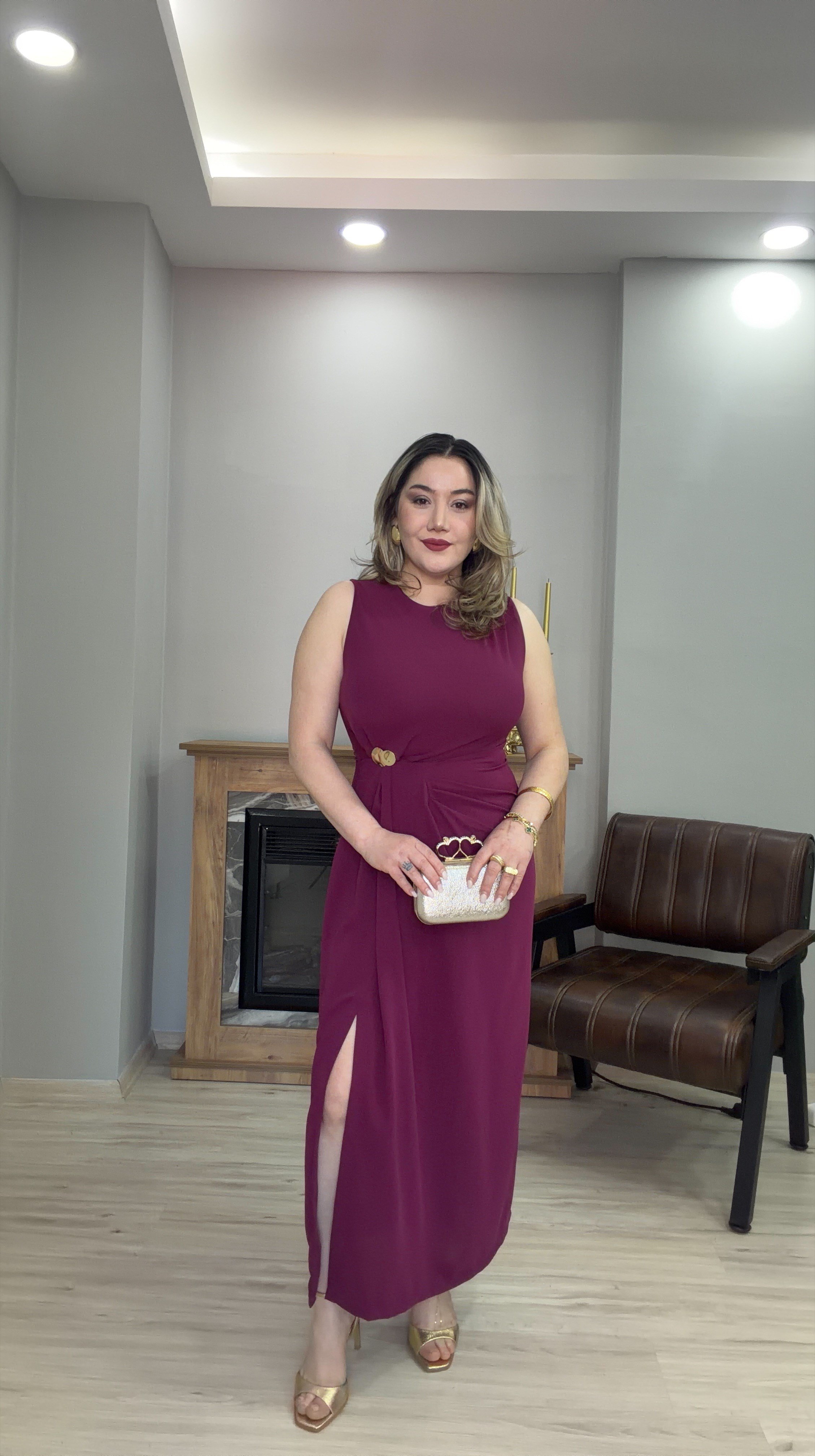 GOLD TOKALI DRAPELİ ELBİSE MÜRDÜM