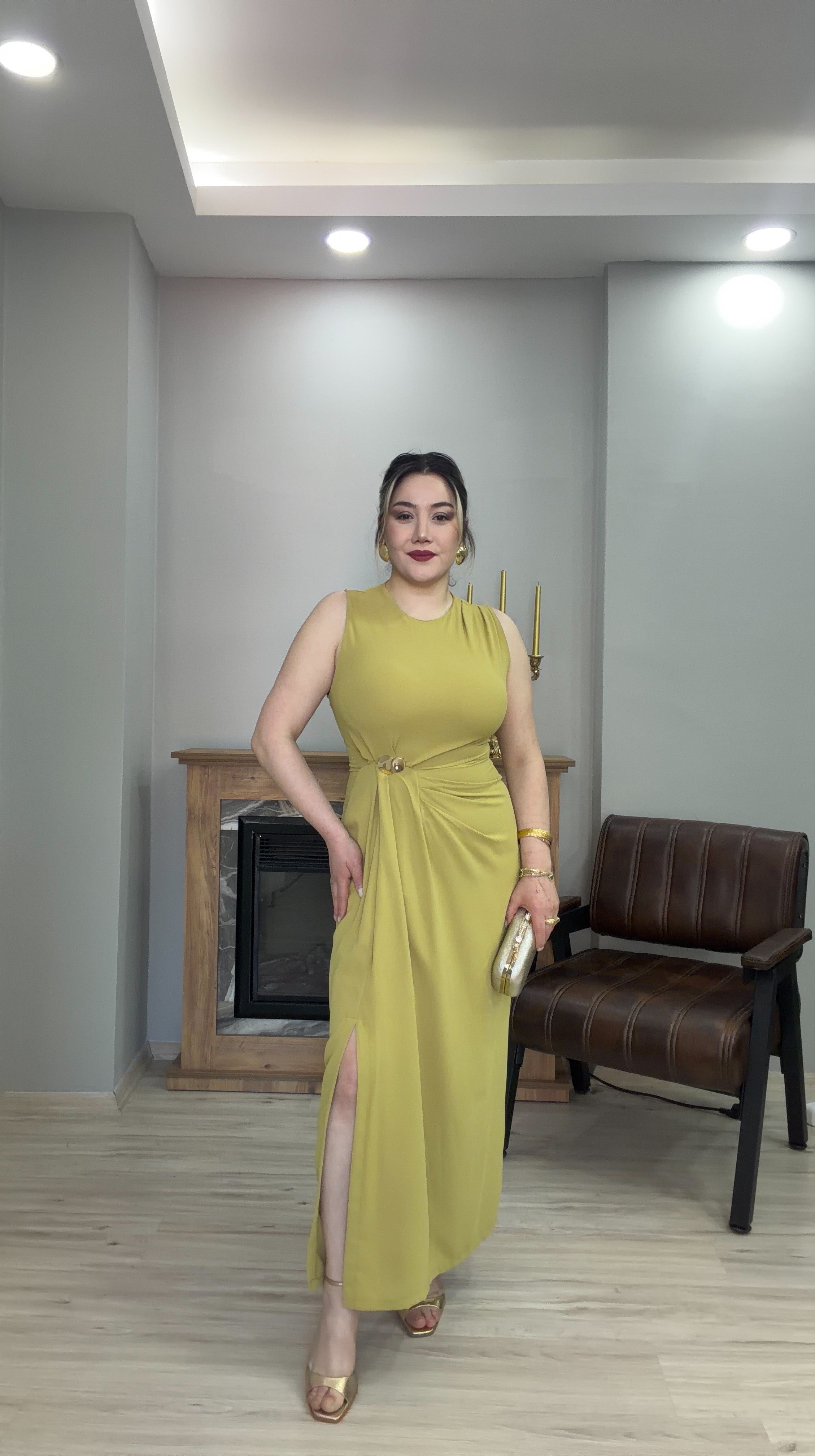 GOLD TOKALI DRAPELİ ELBİSE YAĞ YEŞİL