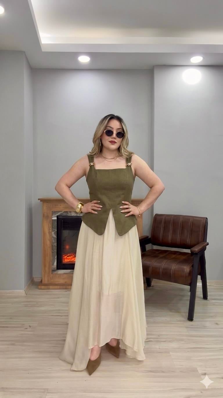 GOLD TOKALI KARE YAKA KETEN BLUZ HAKİ