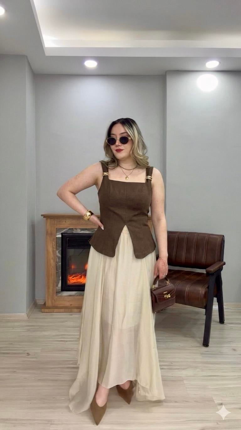 GOLD TOKALI KARE YAKA KETEN BLUZ KAHVE
