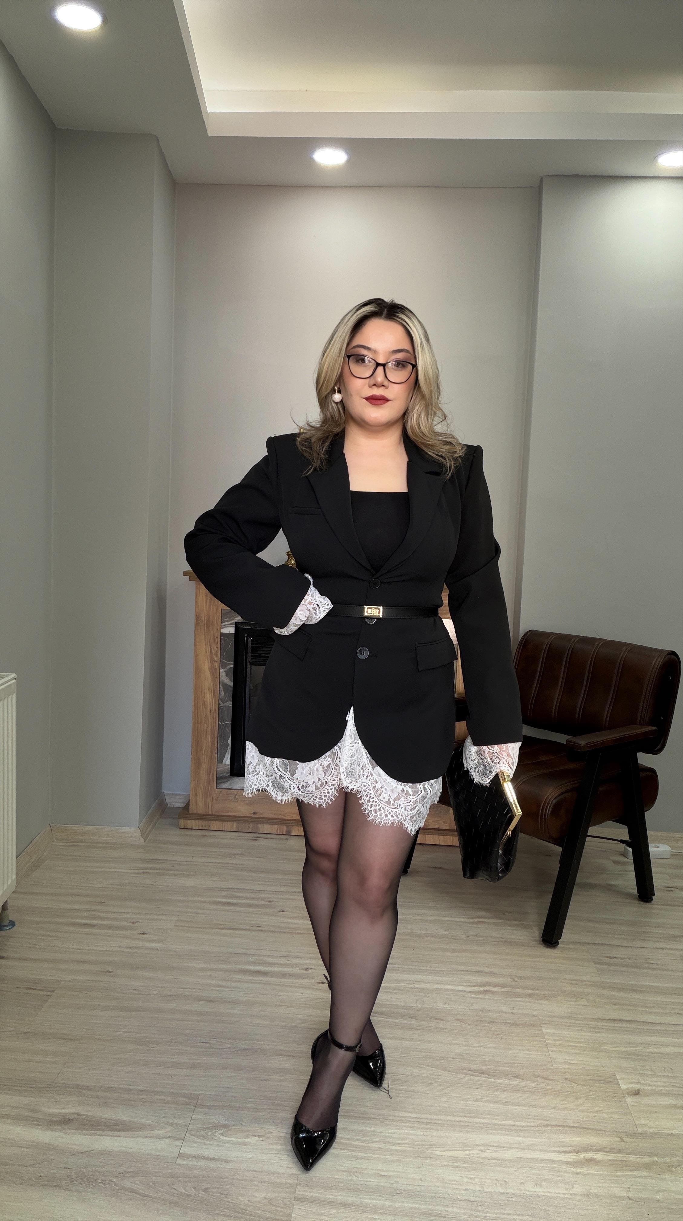 GÜPÜR DETAYLI KEMERLİ BLAZER CEKET SİYAH 
