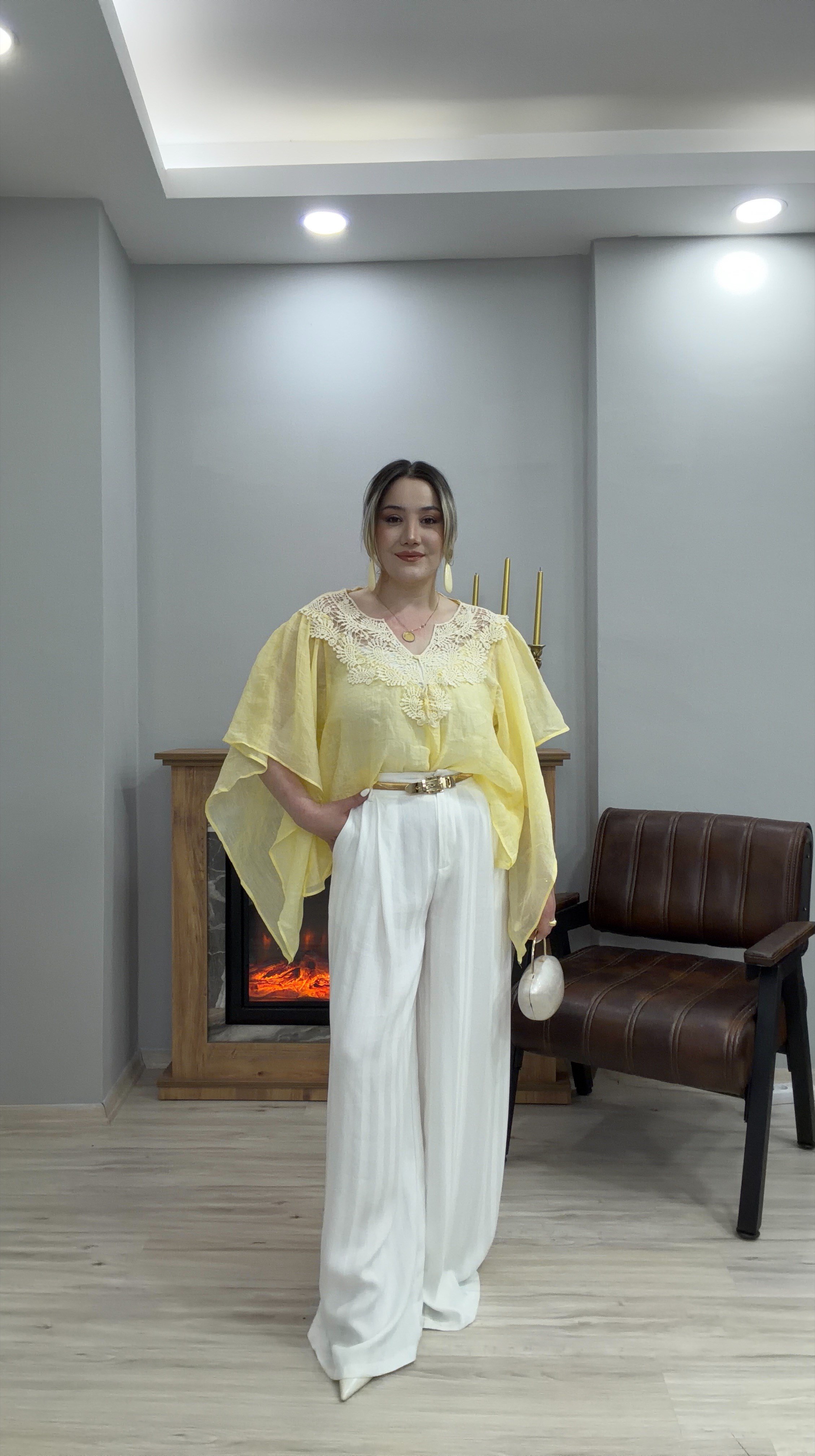 GÜPÜRLÜ TENSEL BLUZ SARI