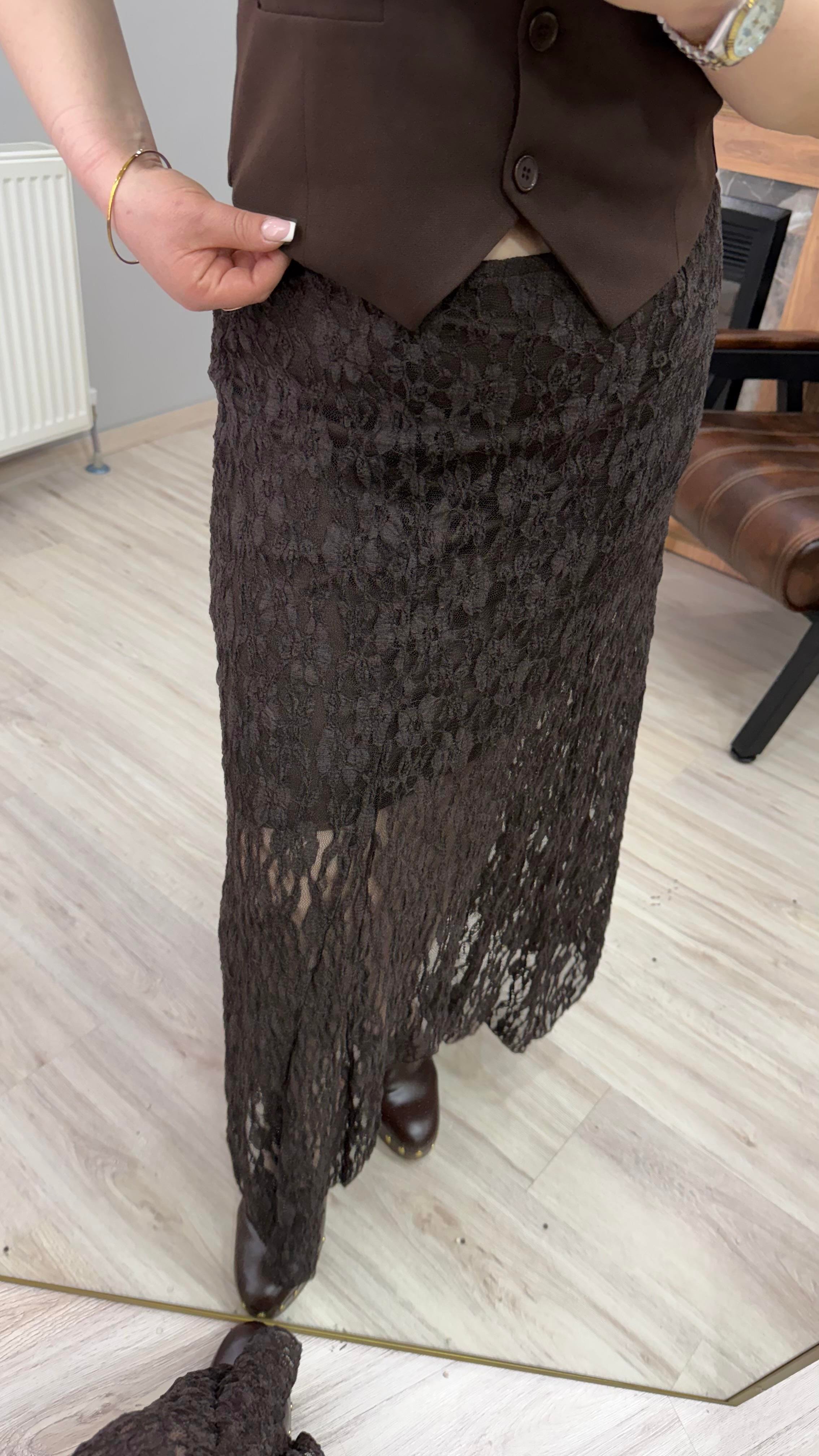 GÜPÜRLÜ YÜKSEK BEL İÇ ASTARLI ETEK KAHVE