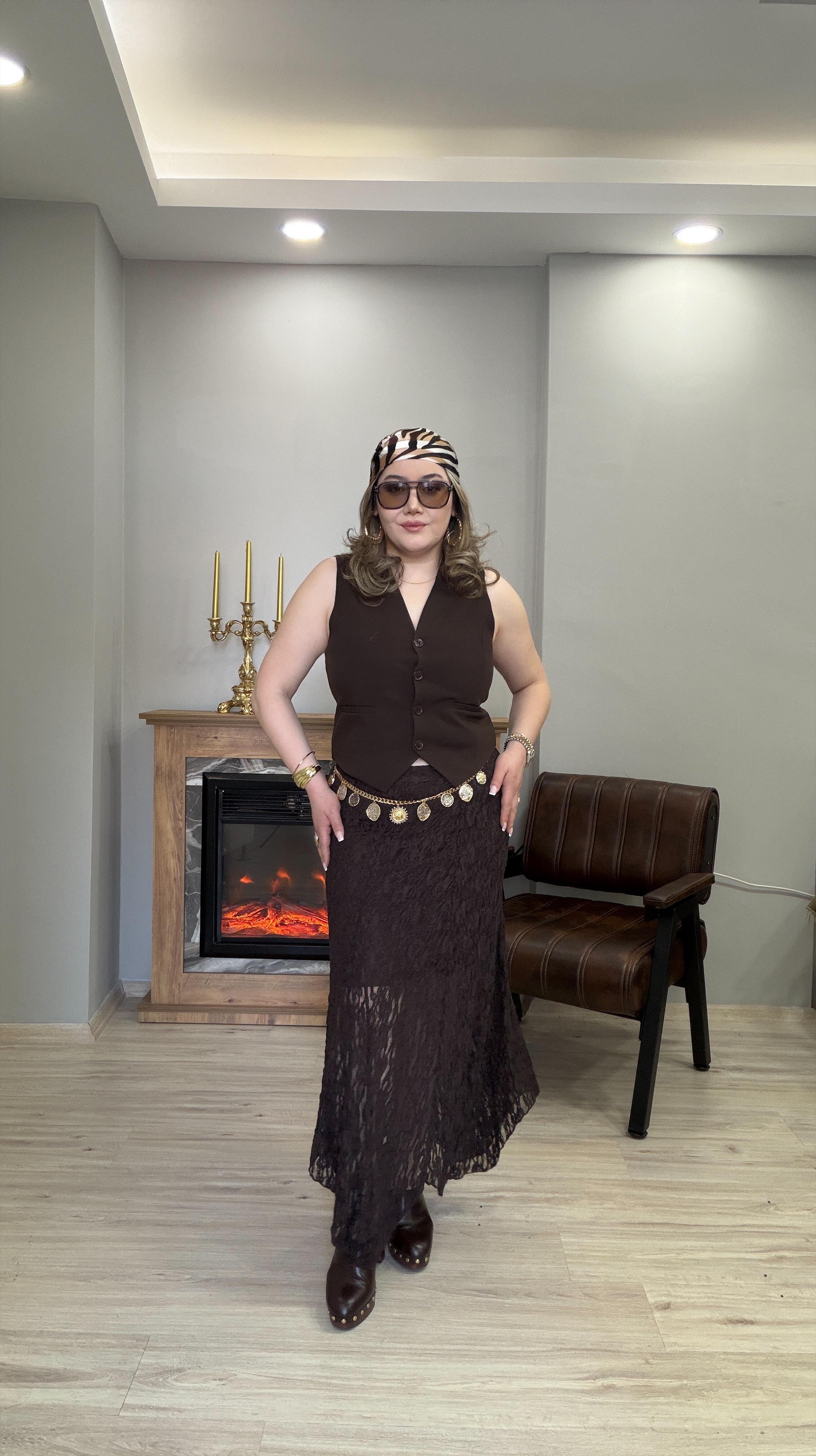 GÜPÜRLÜ YÜKSEK BEL İÇ ASTARLI ETEK KAHVE