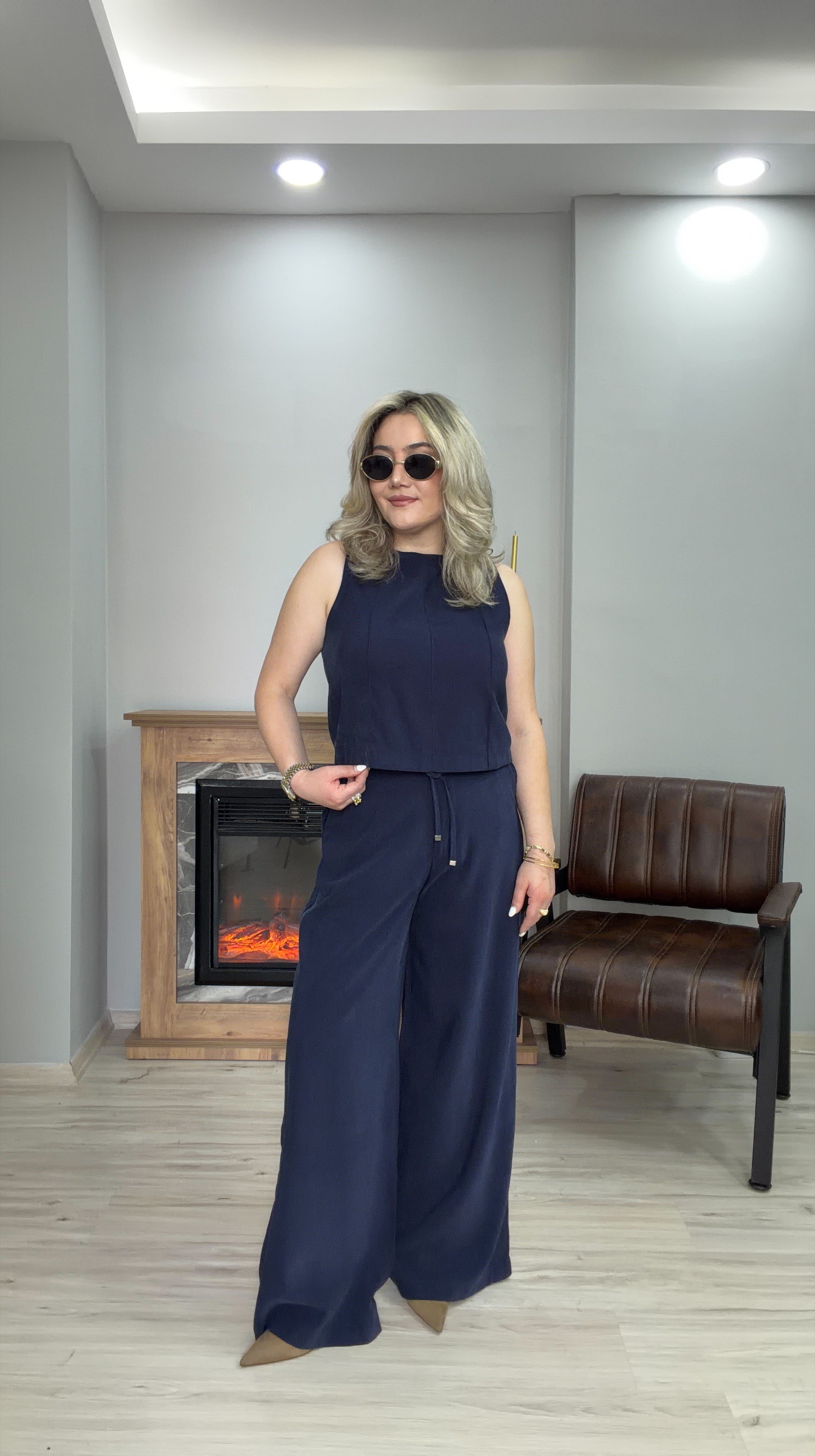 HALTER YAKA TENSEL İKİLİ TAKIM LACİVERT