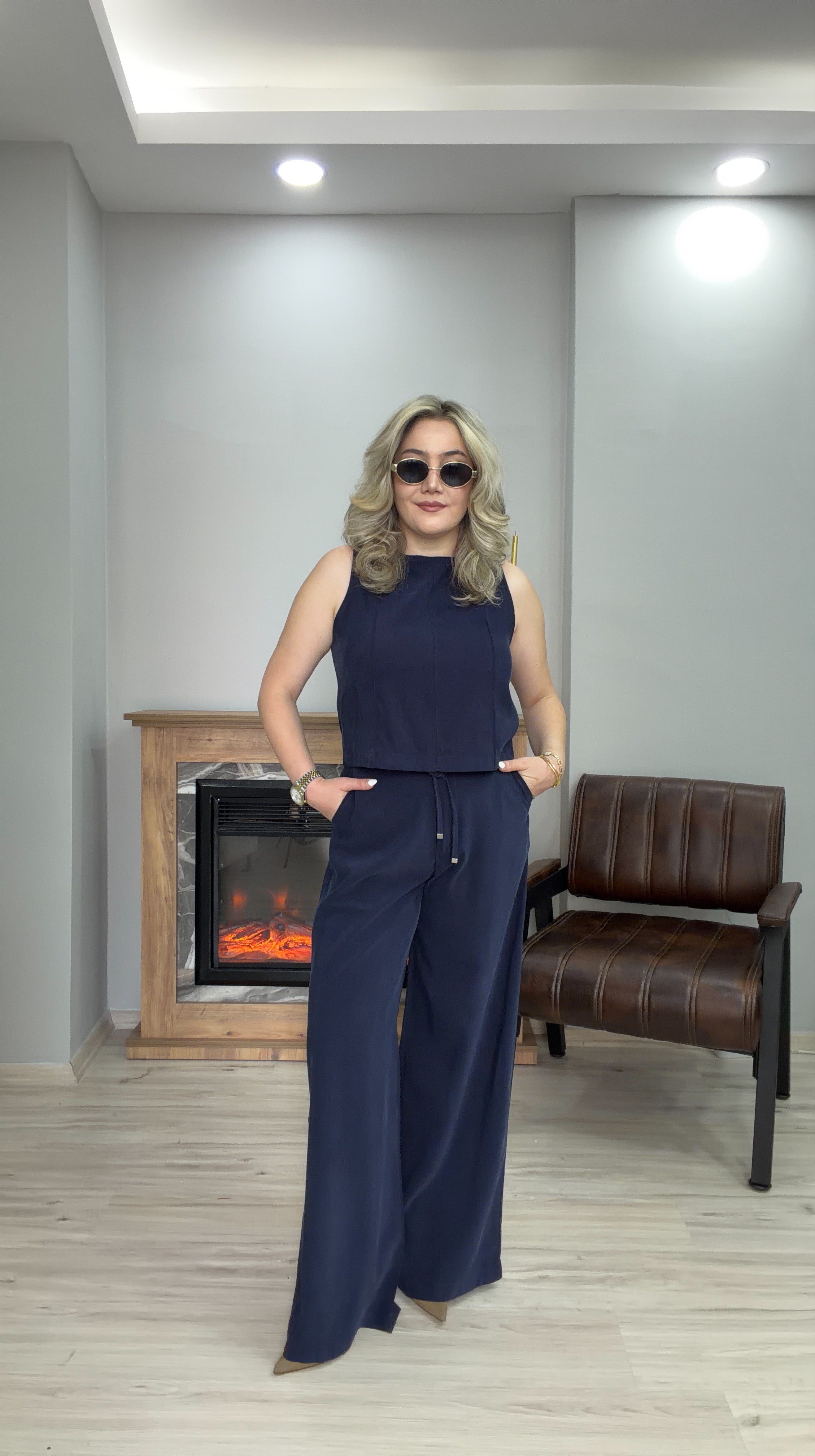 HALTER YAKA TENSEL İKİLİ TAKIM LACİVERT