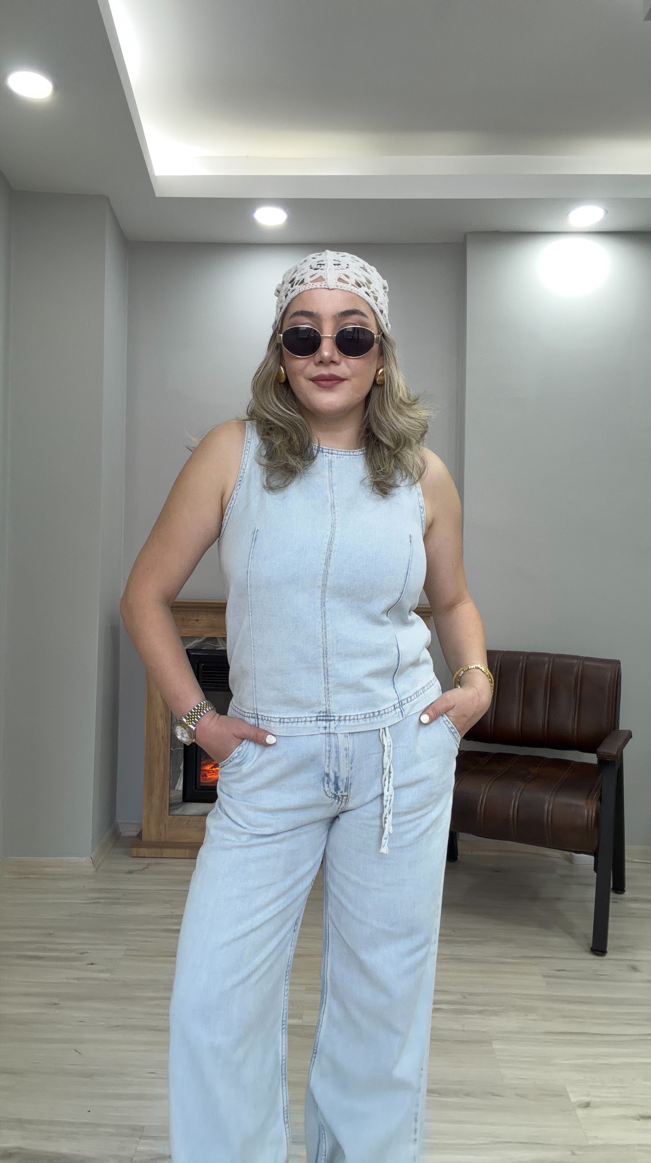 HALTER YAKA TENSEL JEAN  İKİLİ TAKIM BUZ MAVİ