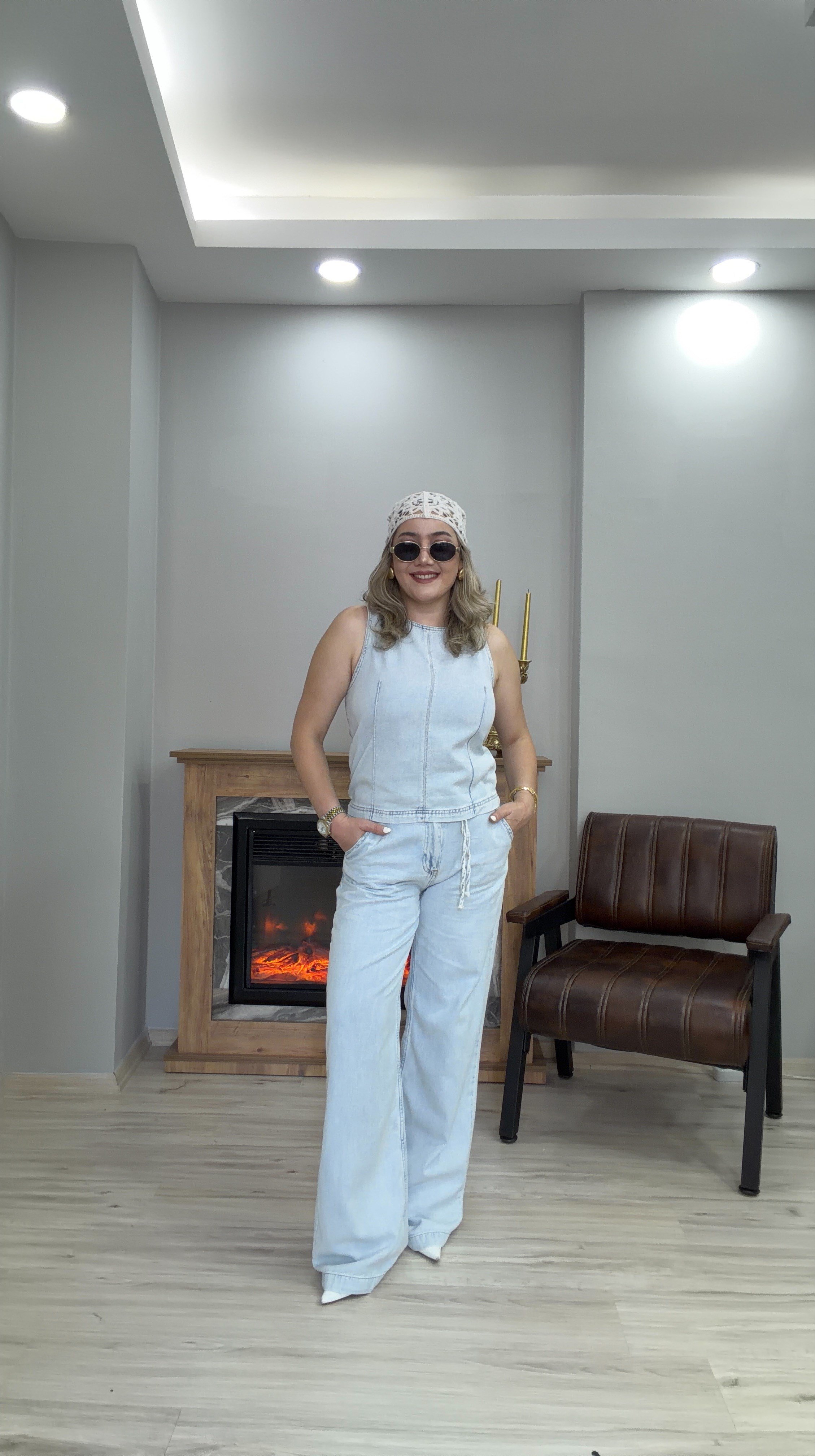 HALTER YAKA TENSEL JEAN  İKİLİ TAKIM BUZ MAVİ