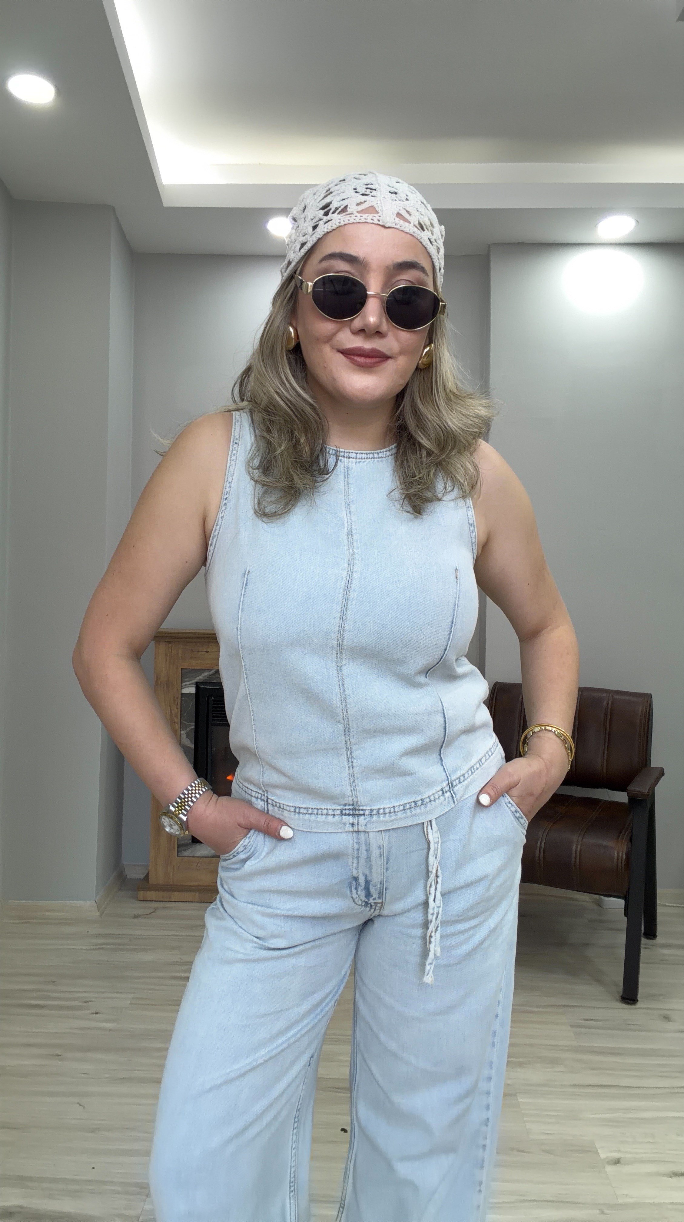 HALTER YAKA TENSEL JEAN  İKİLİ TAKIM BUZ MAVİ