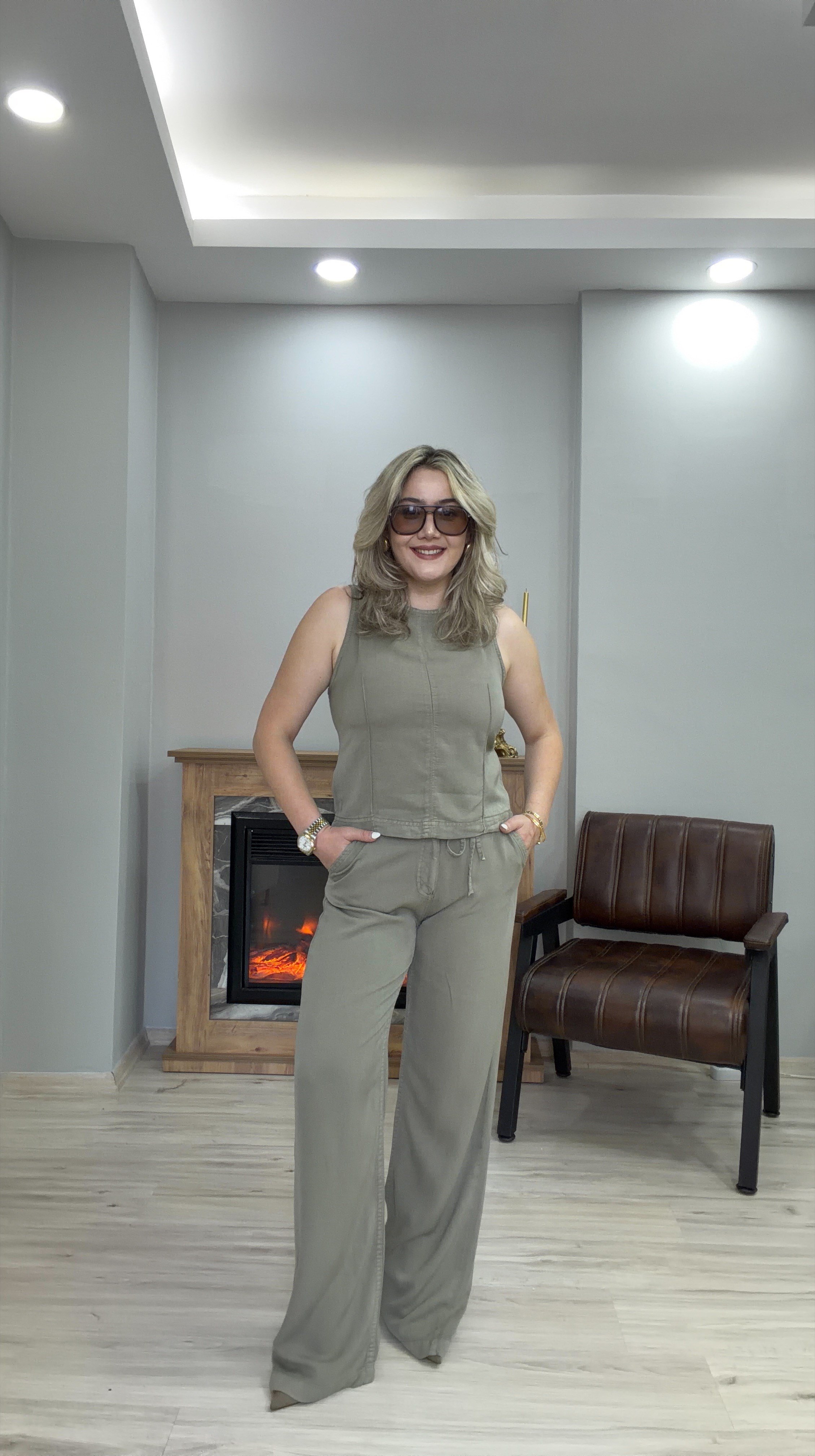 HALTER YAKA TENSEL JEAN  İKİLİ TAKIM HAKİ