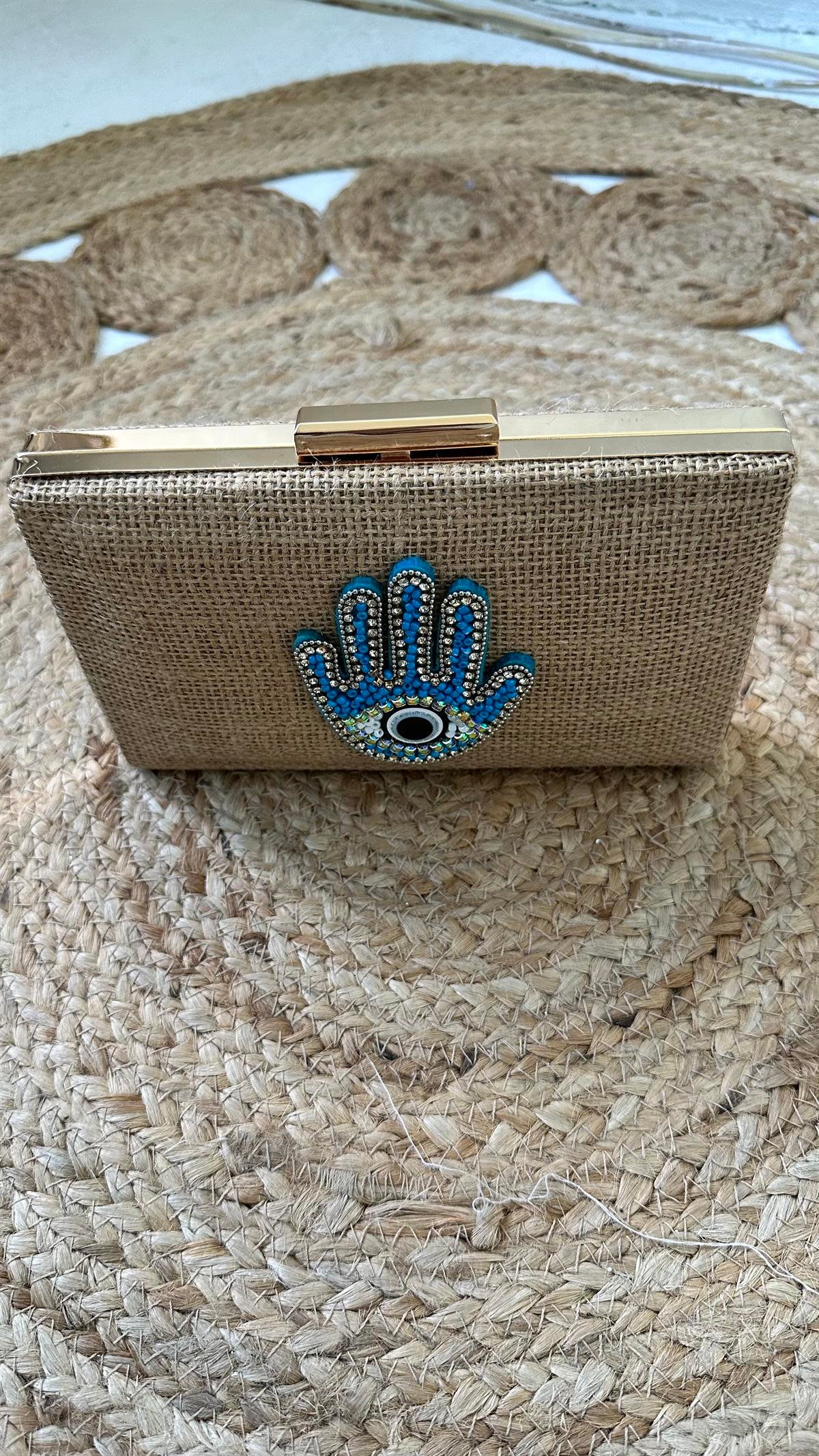 Hamsa Motif İşlemeli Hasır Çanta