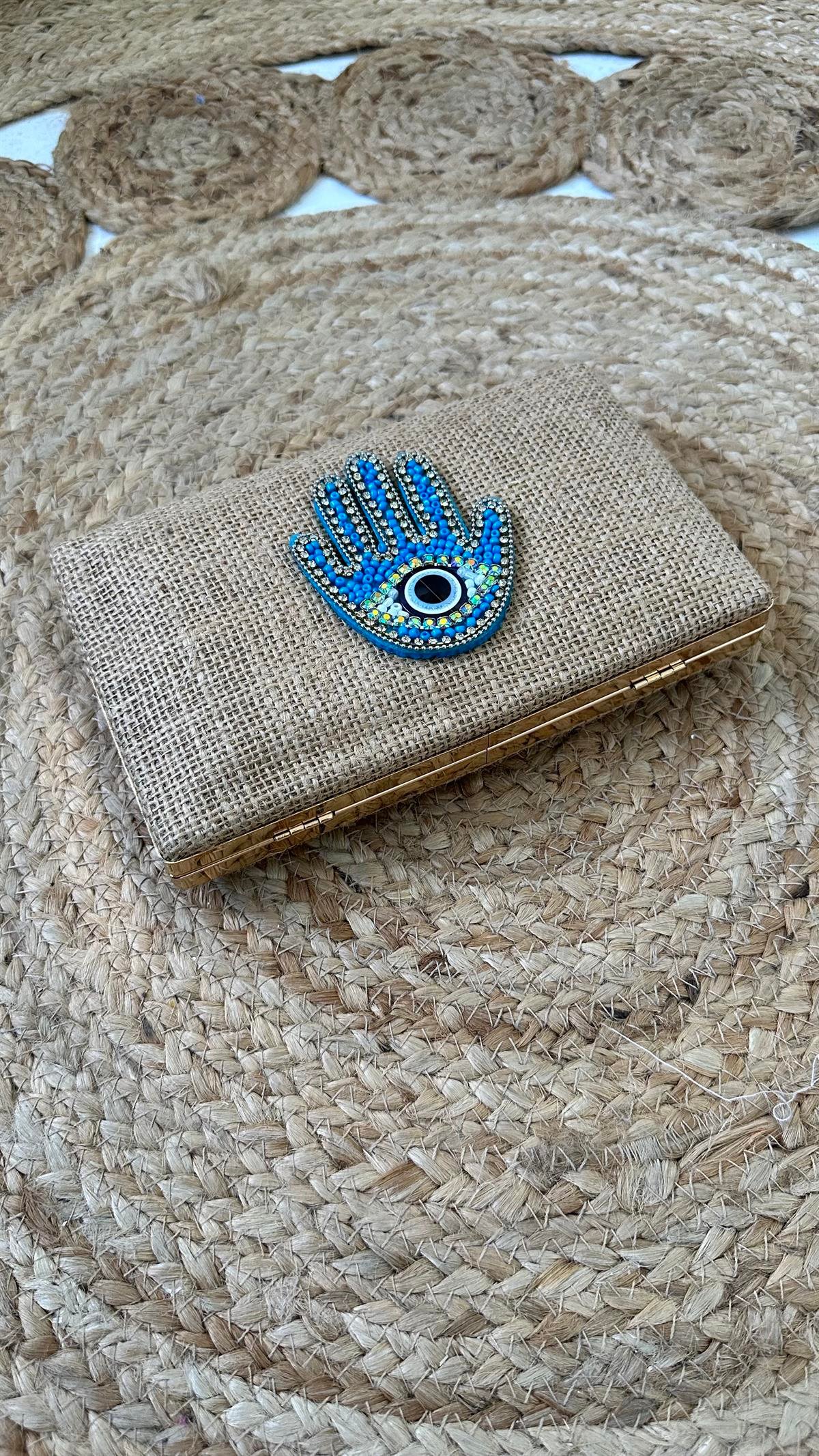 Hamsa Motif İşlemeli Hasır Çanta