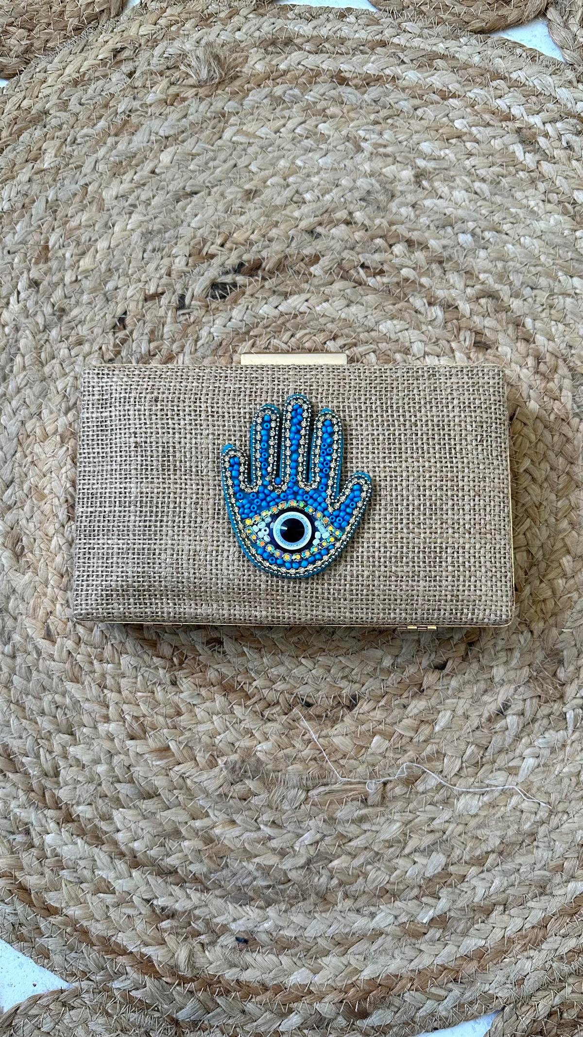 Hamsa Motif İşlemeli Hasır Çanta
