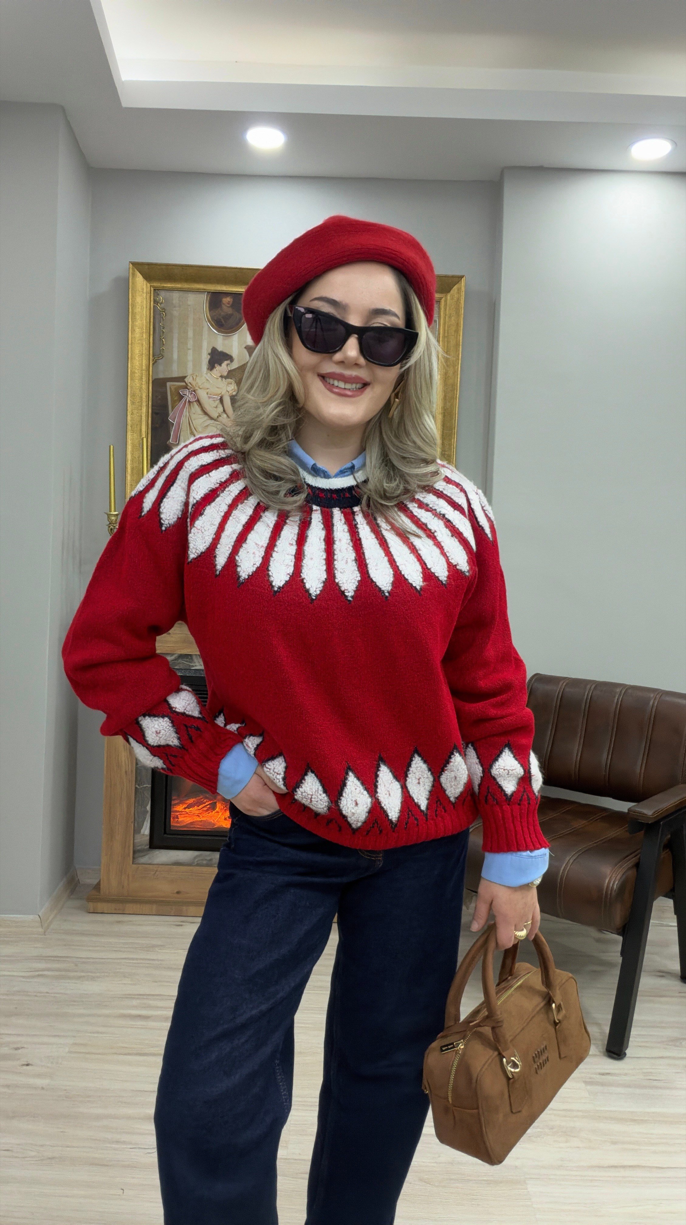 JAKAR DESENLİ BİSİKLET YAKA KAZAK KIRMIZI
