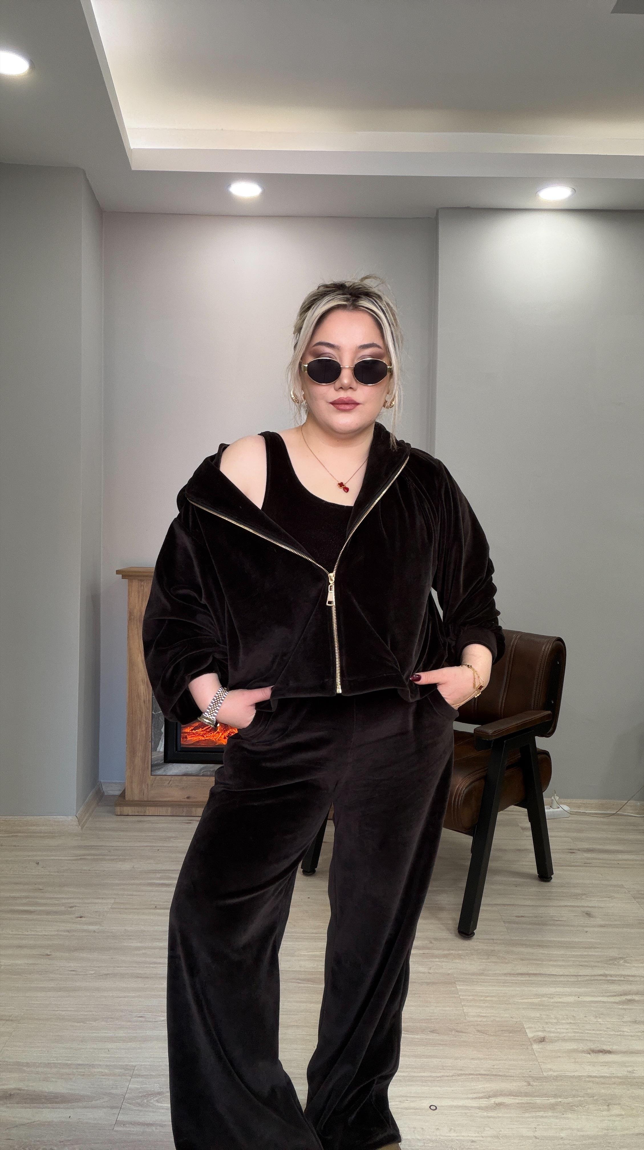 KADİFE ÜÇLÜ TAKIM KAHVE 