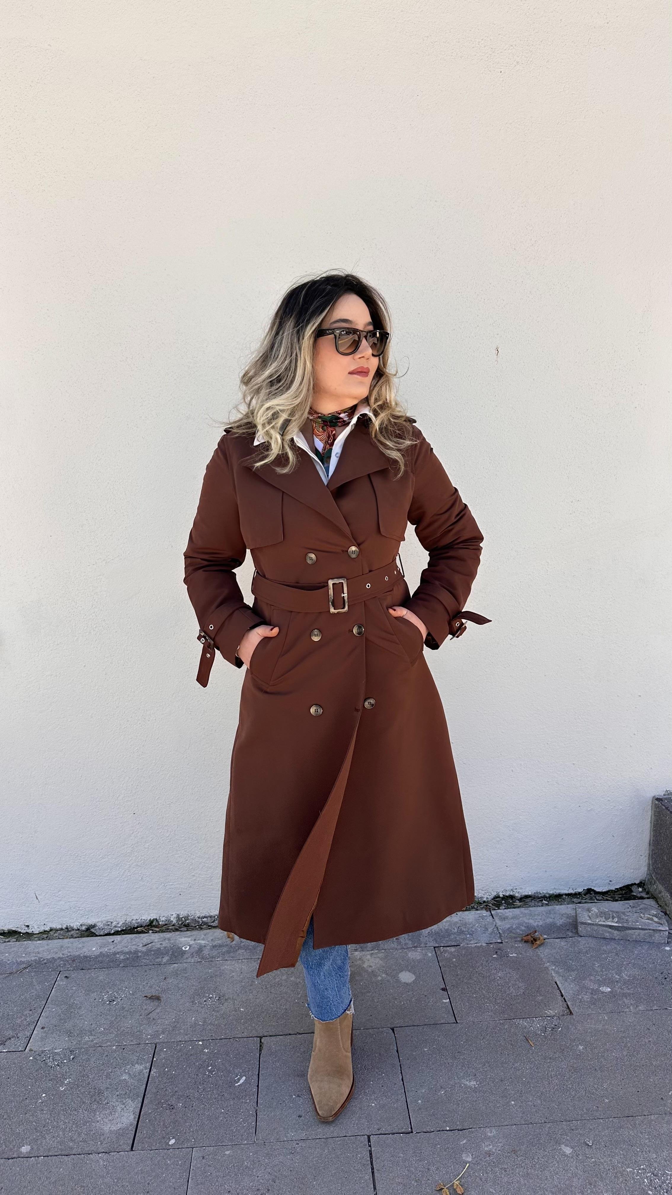 KAHVE BELDEN KUŞAKLI TRENÇKOT