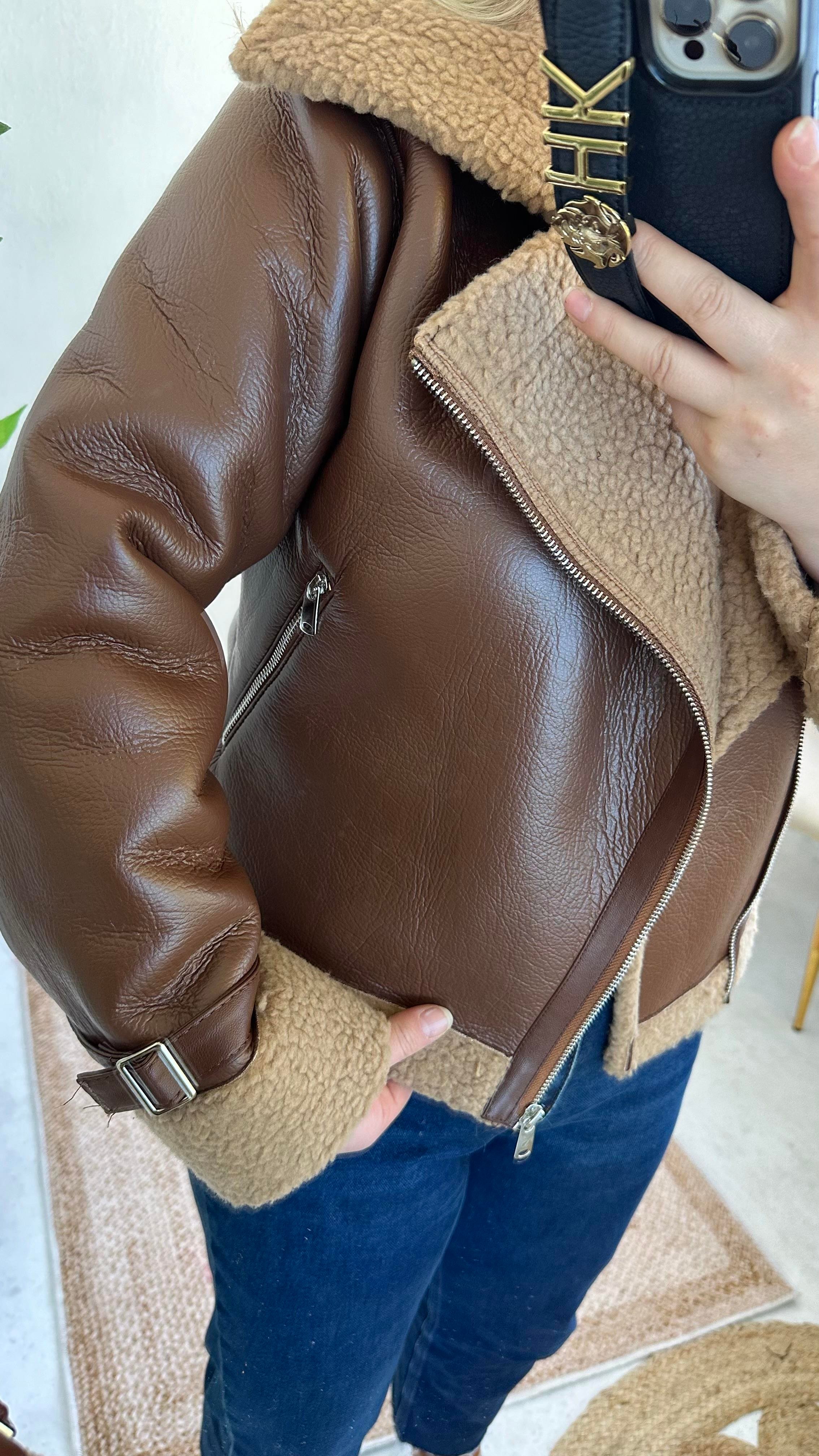 Kahve Deri İçi Peluş Biker Mont