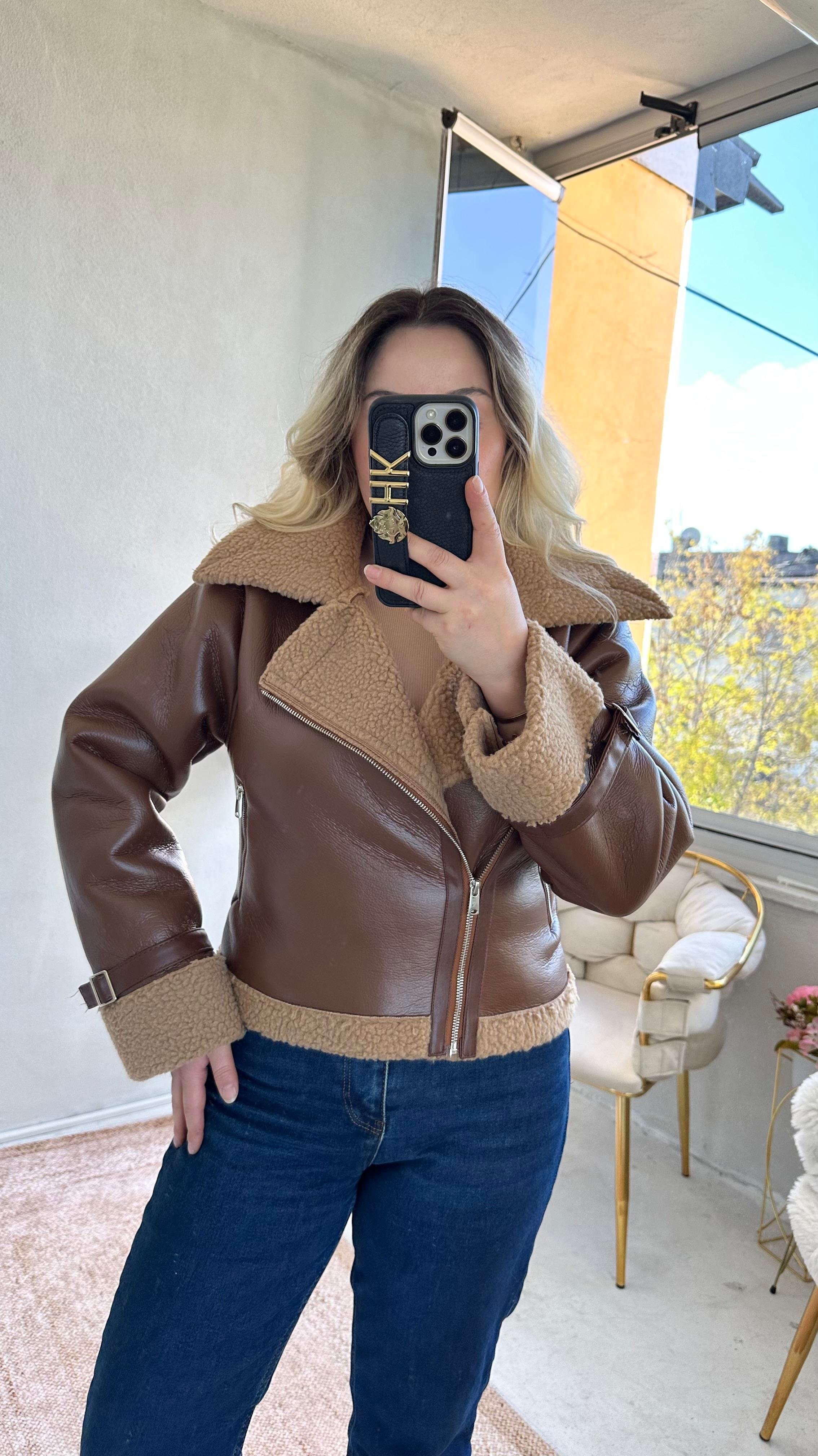 Kahve Deri İçi Peluş Biker Mont