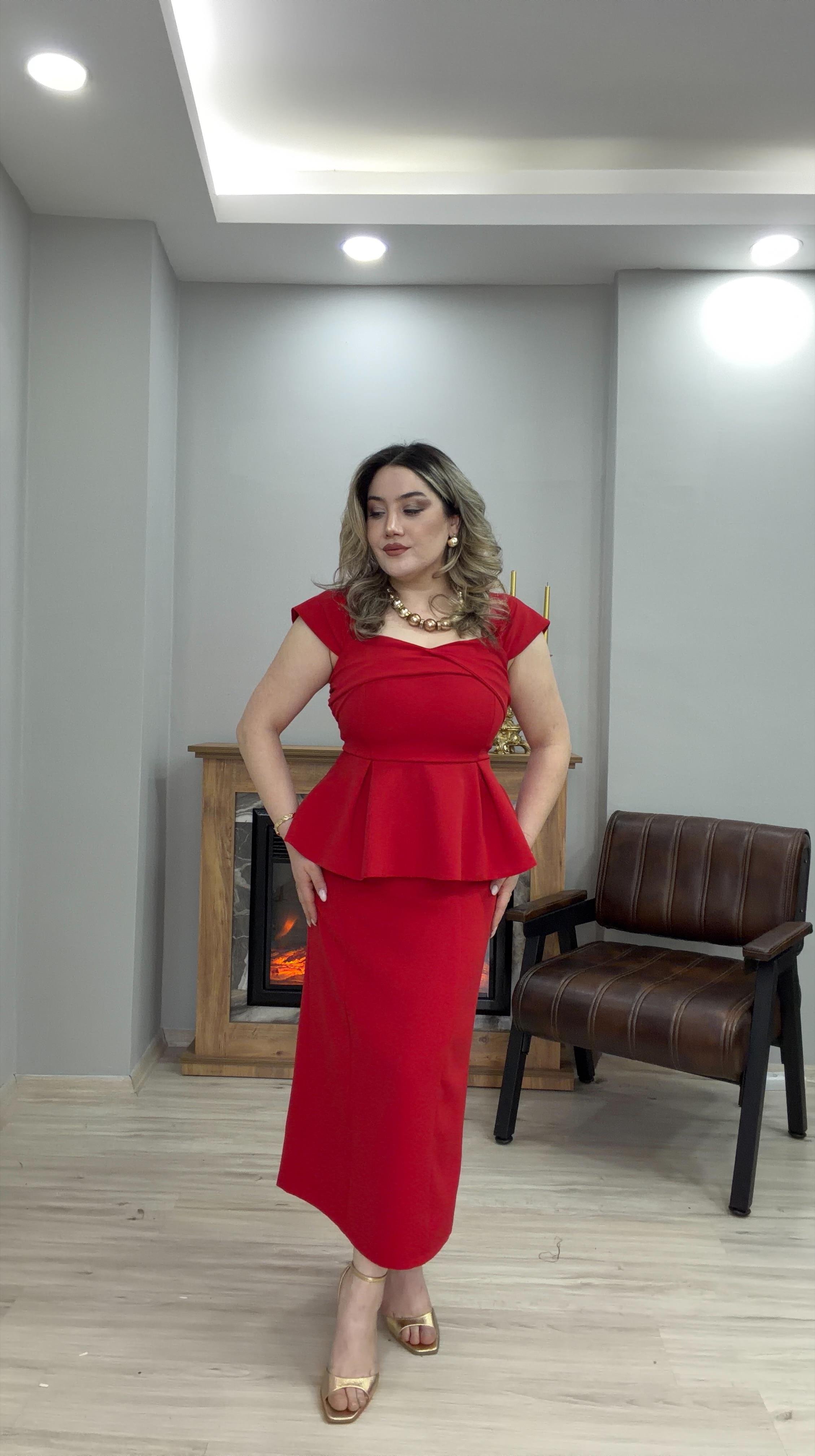 KALP YAKA BLUZ ETEK TAKIM KIRMIZI