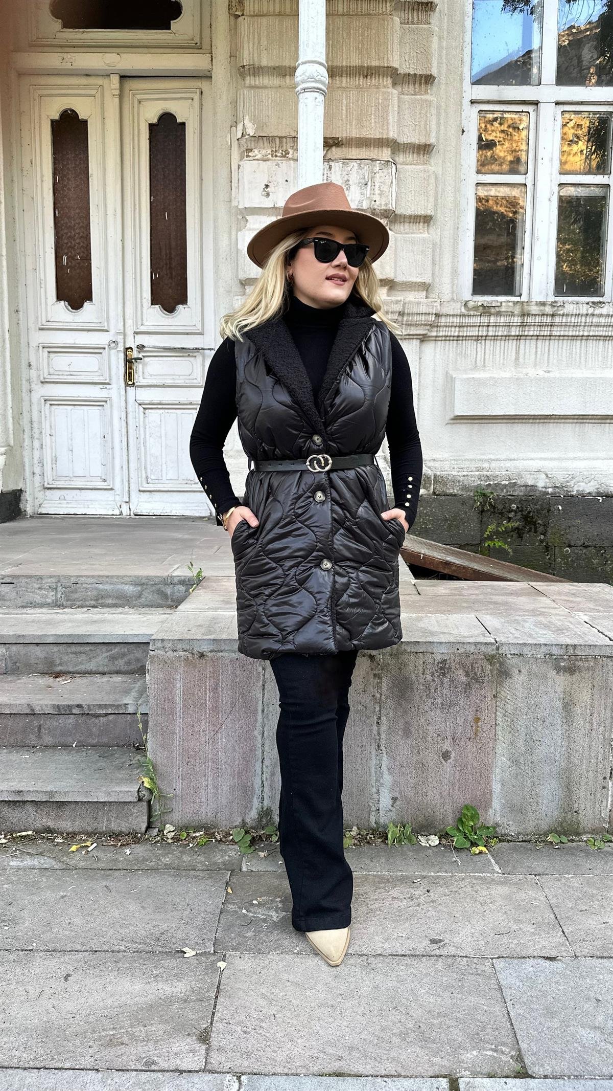 Kapitoneli Kendinden Kemerli Şişme Yelek Siyah