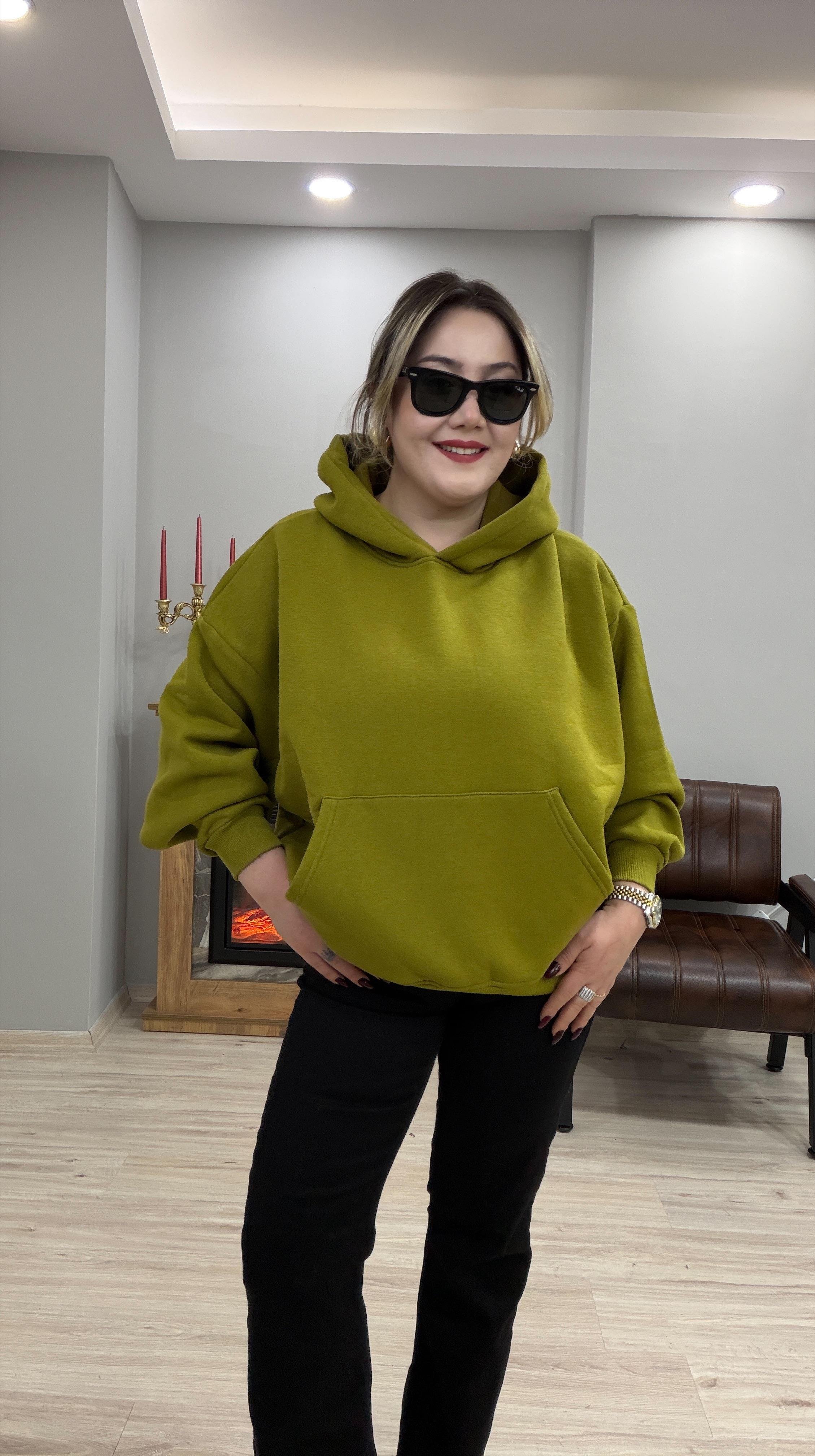 KAPÜŞONLI İÇİ ŞARDONLU SWEATSHİRT YAĞ YEŞİL