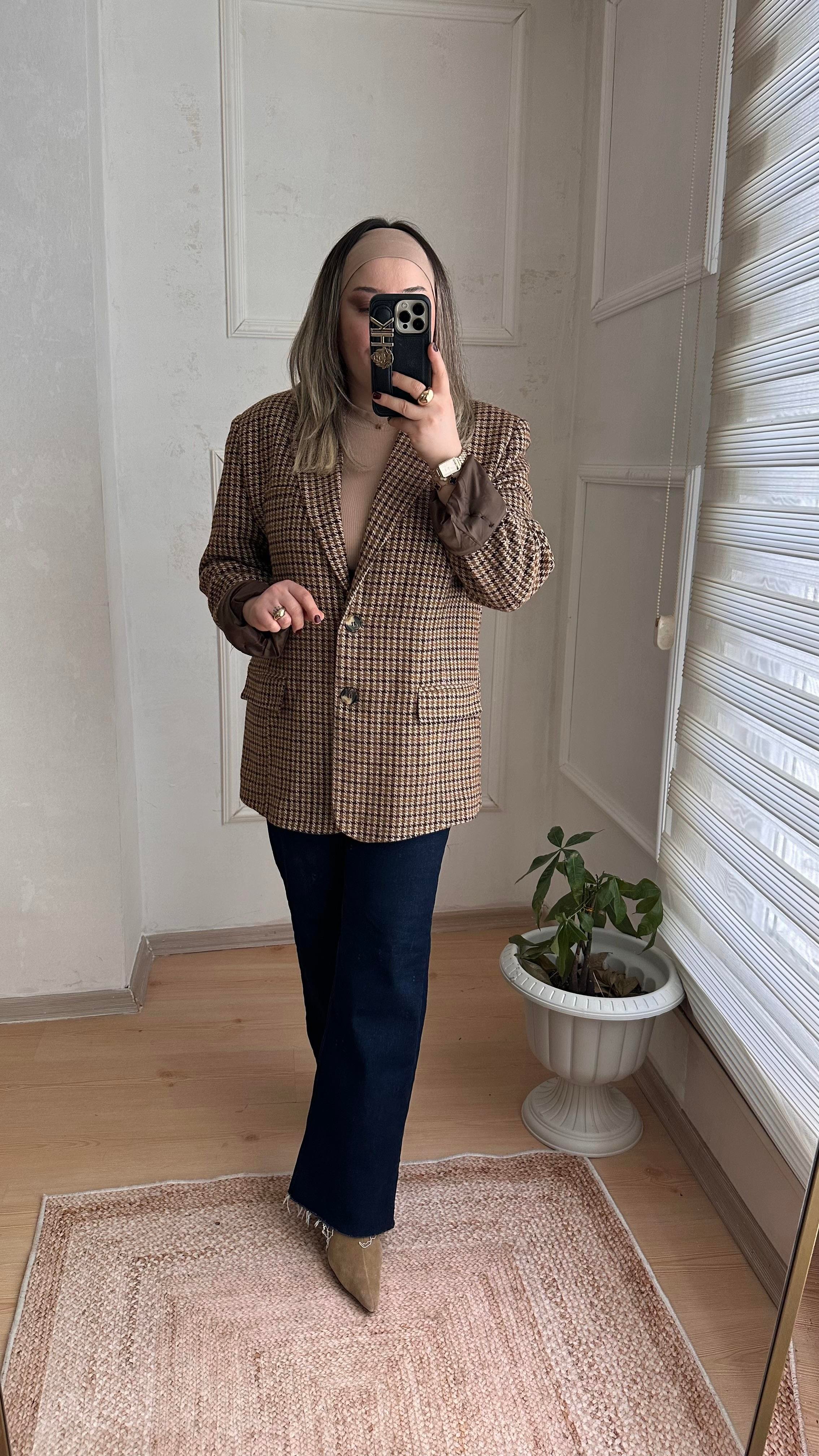 KARE DESENLİ KAŞE BLAZER CEKET