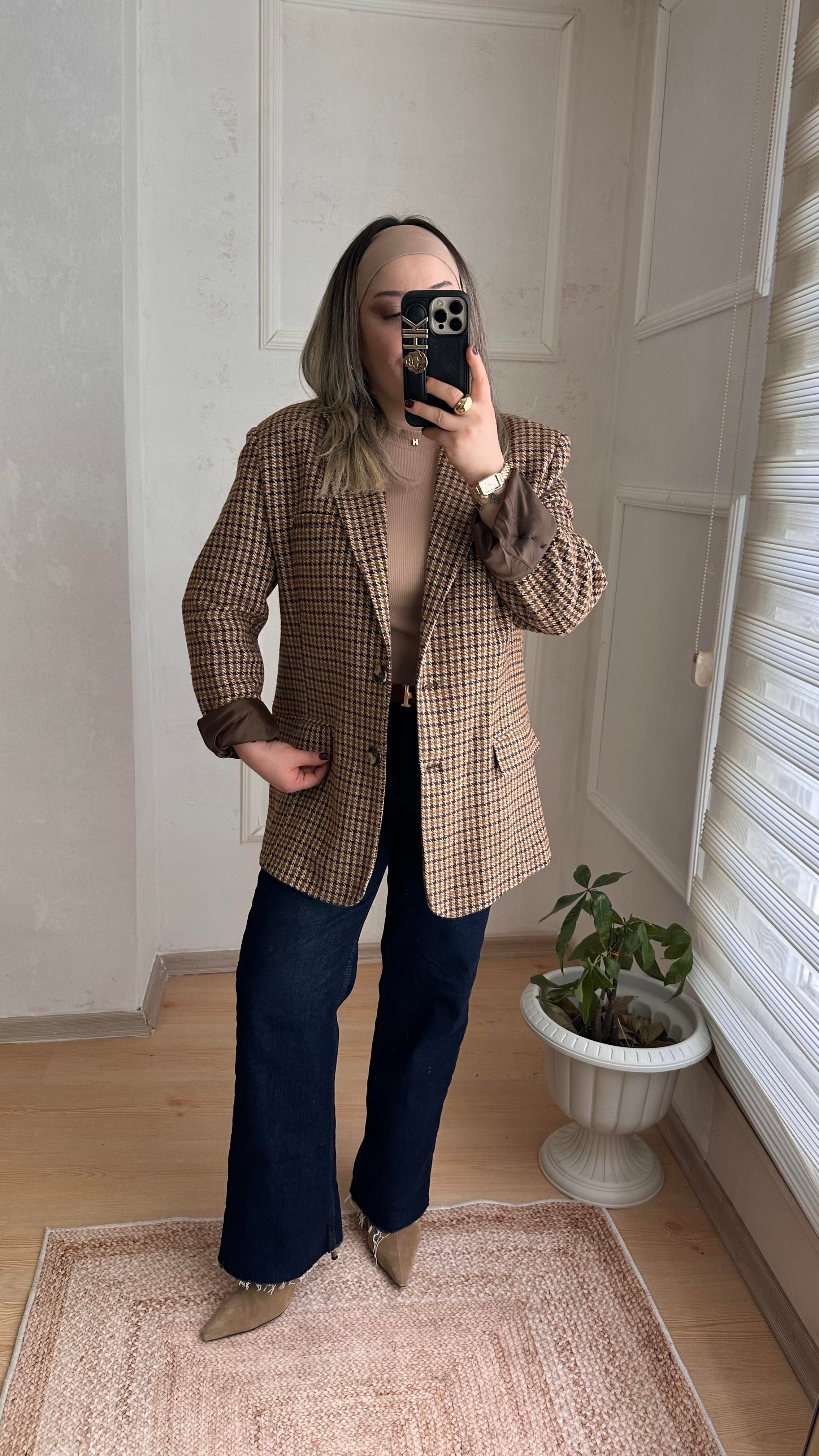 KARE DESENLİ KAŞE BLAZER CEKET