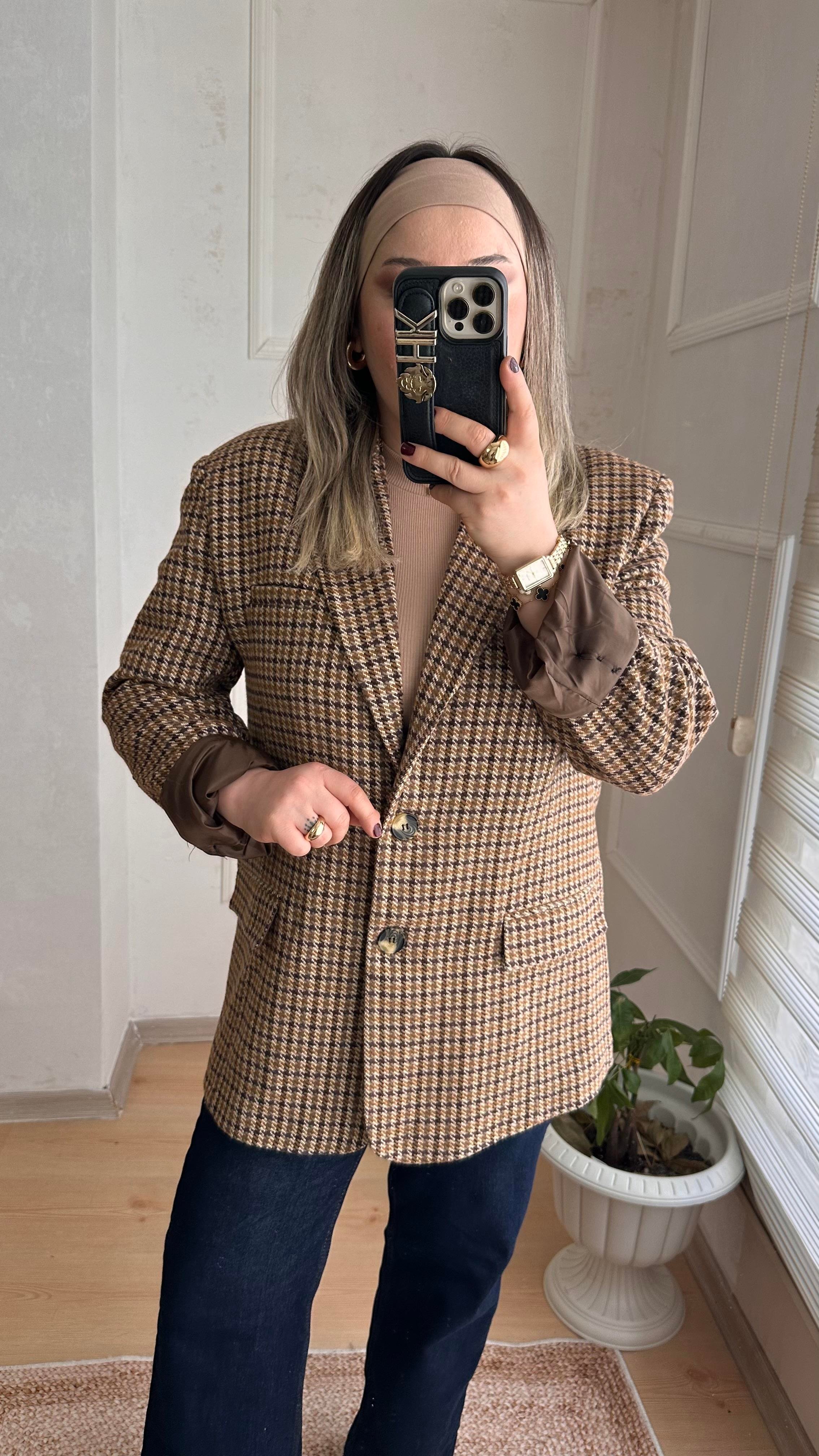 KARE DESENLİ KAŞE BLAZER CEKET