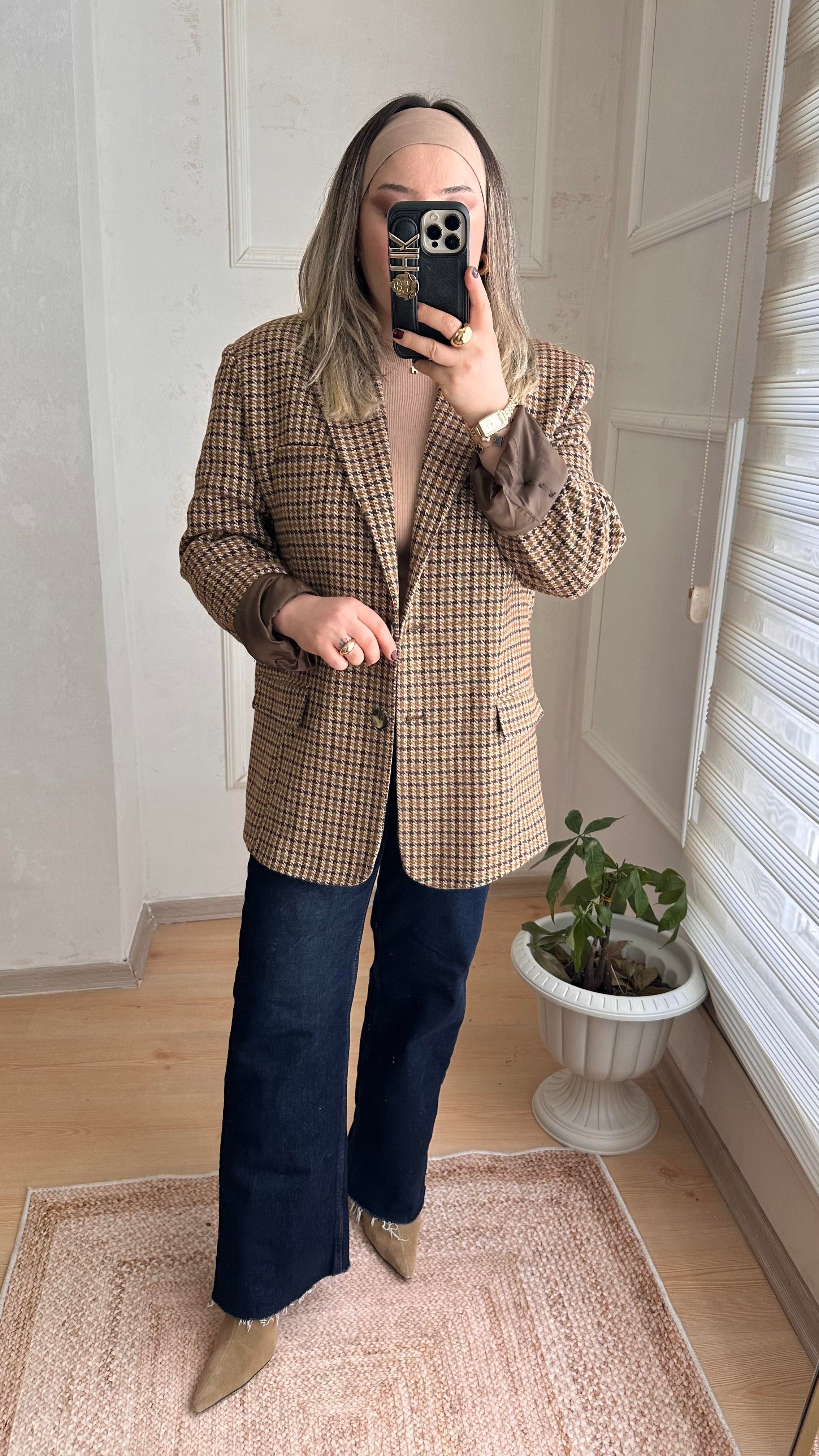 KARE DESENLİ KAŞE BLAZER CEKET