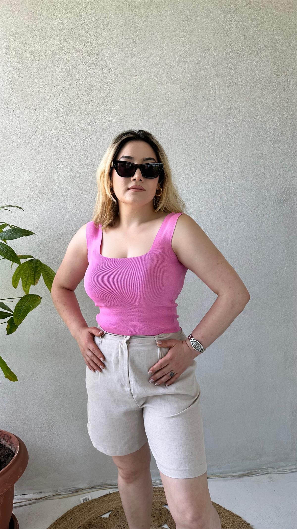 Kare Yaka Çelik Örgü Triko Bluz Toz Pembe