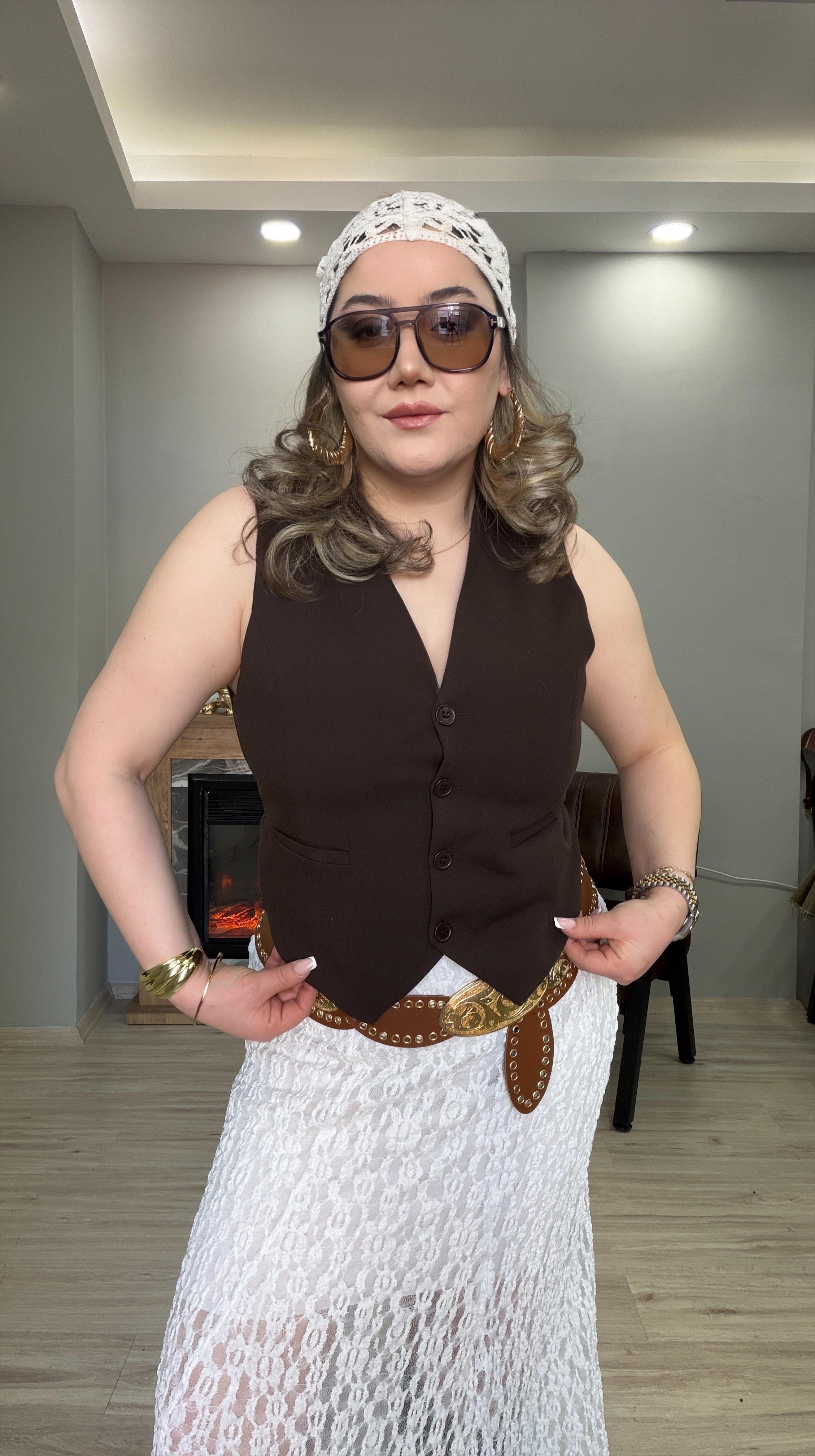 KEMER DETAYLI CEPKEN YELEK KAHVE