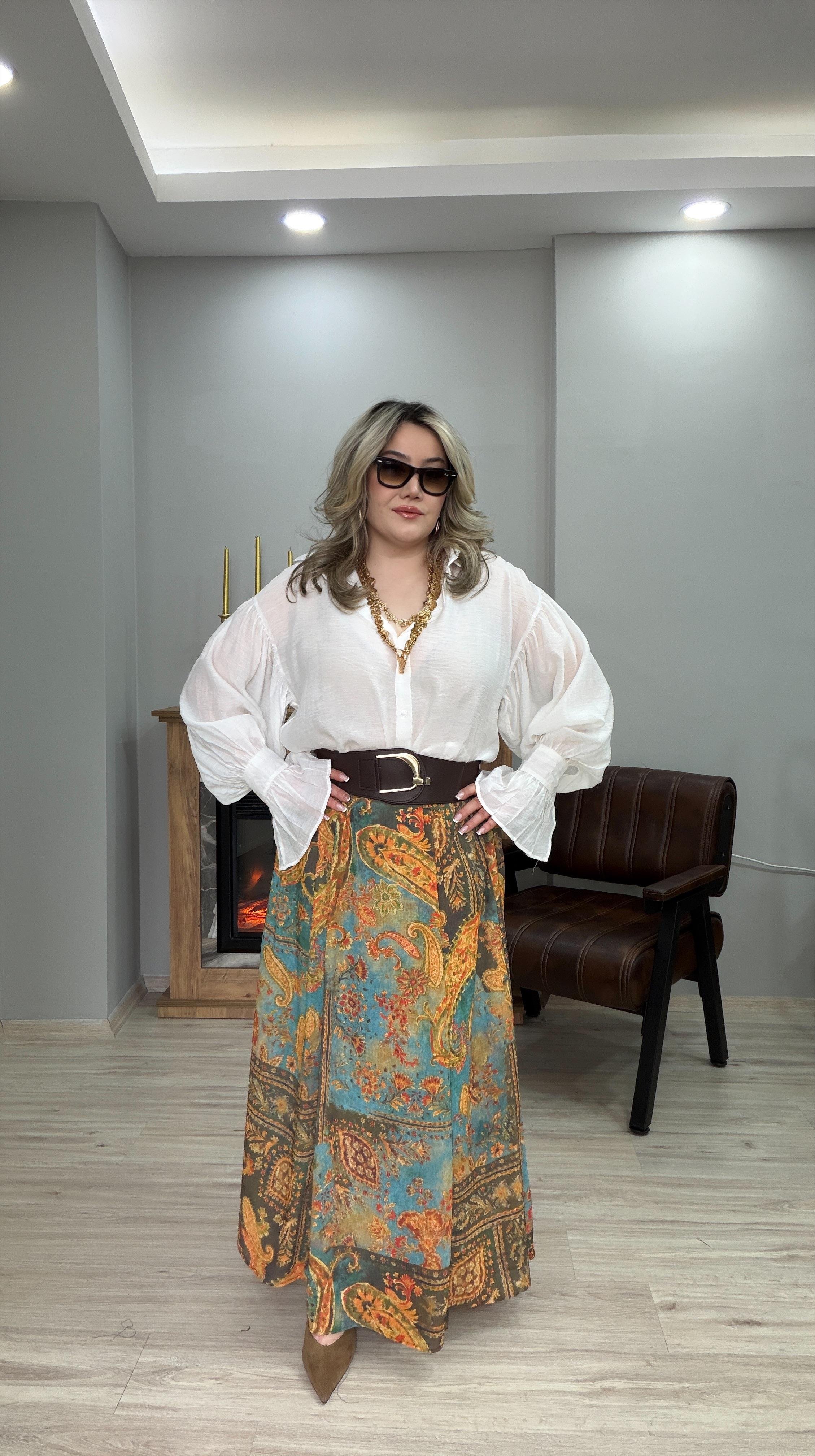 KEMERLİ DESENLİ ŞİFON ETEK 