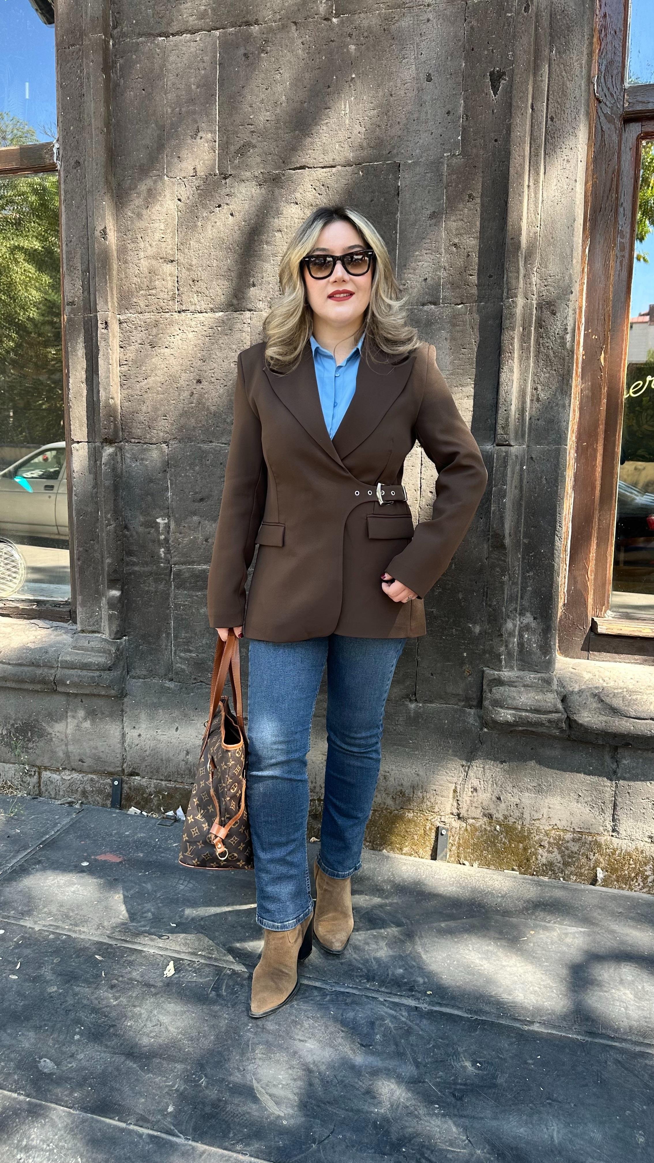 KEMERLİ KRUVAZE BLAZER CEKET ACI KAHVE