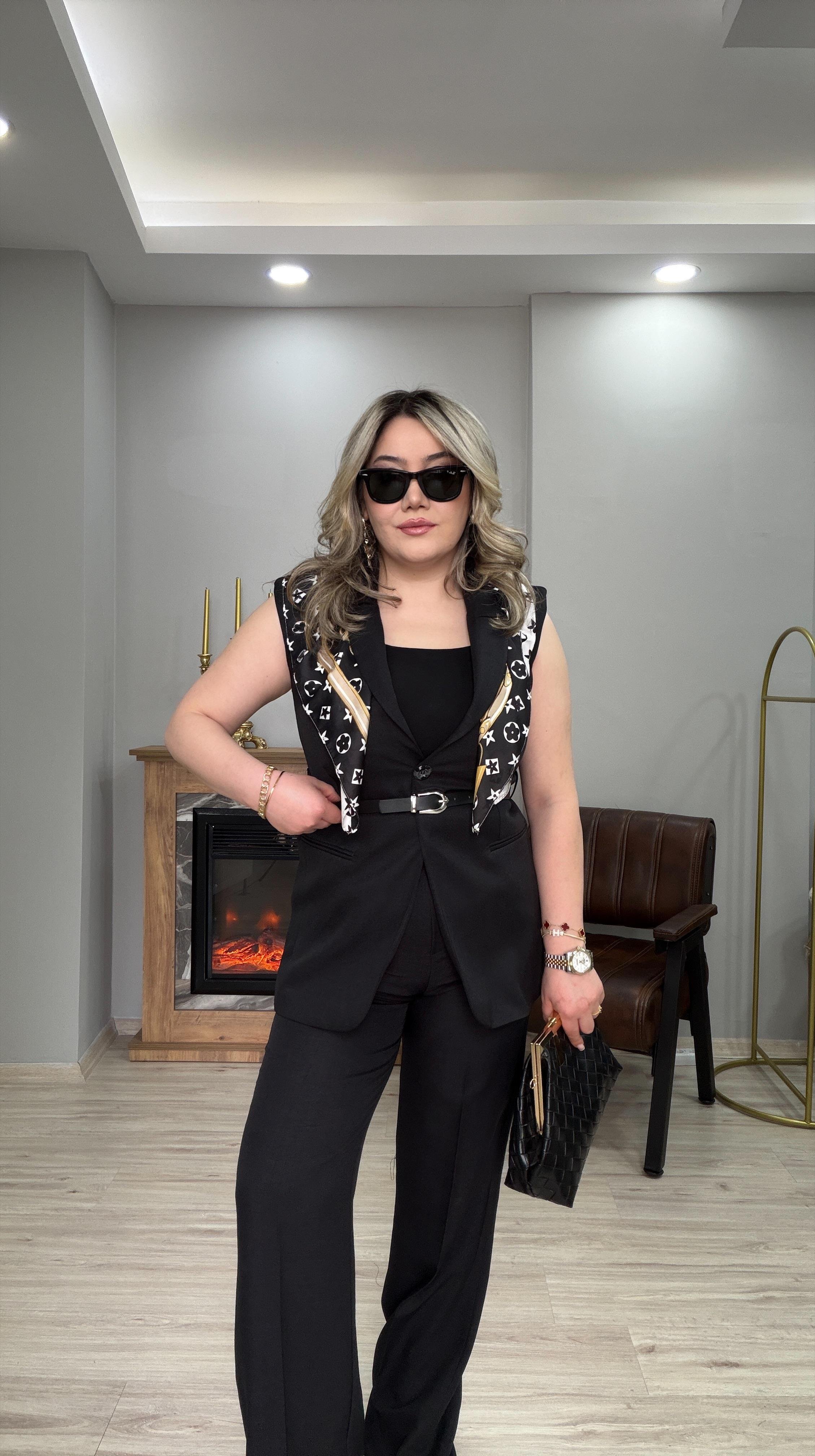 KEMERLİ YELEKLİ SİYAH TAKIM