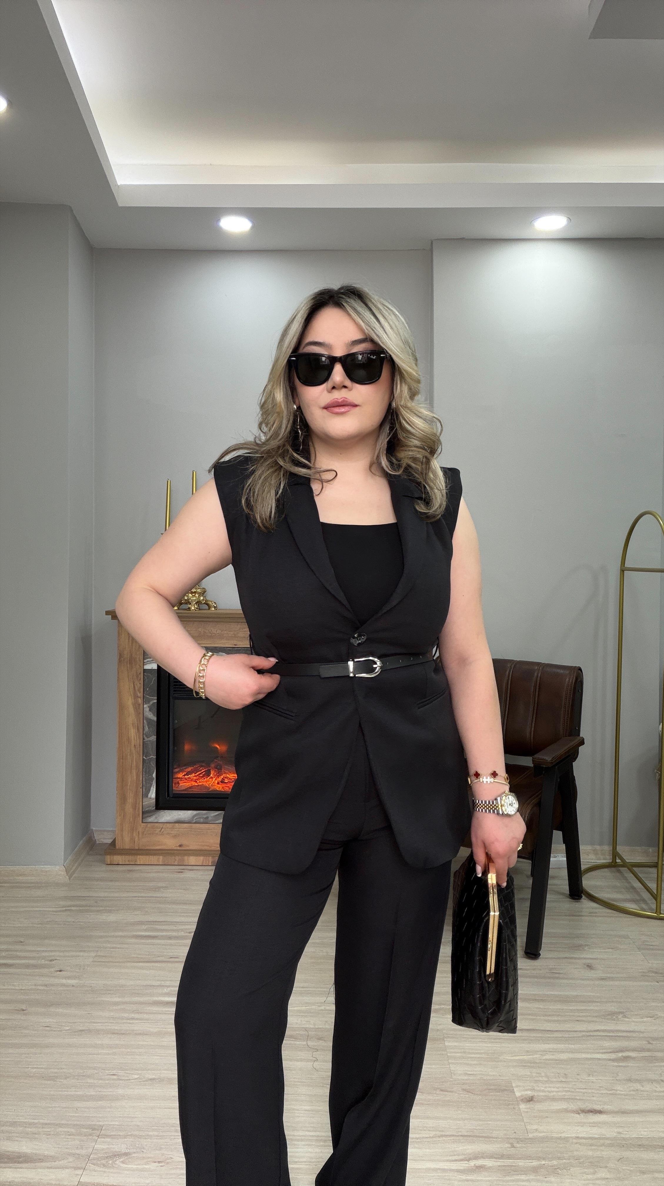 KEMERLİ YELEKLİ SİYAH TAKIM