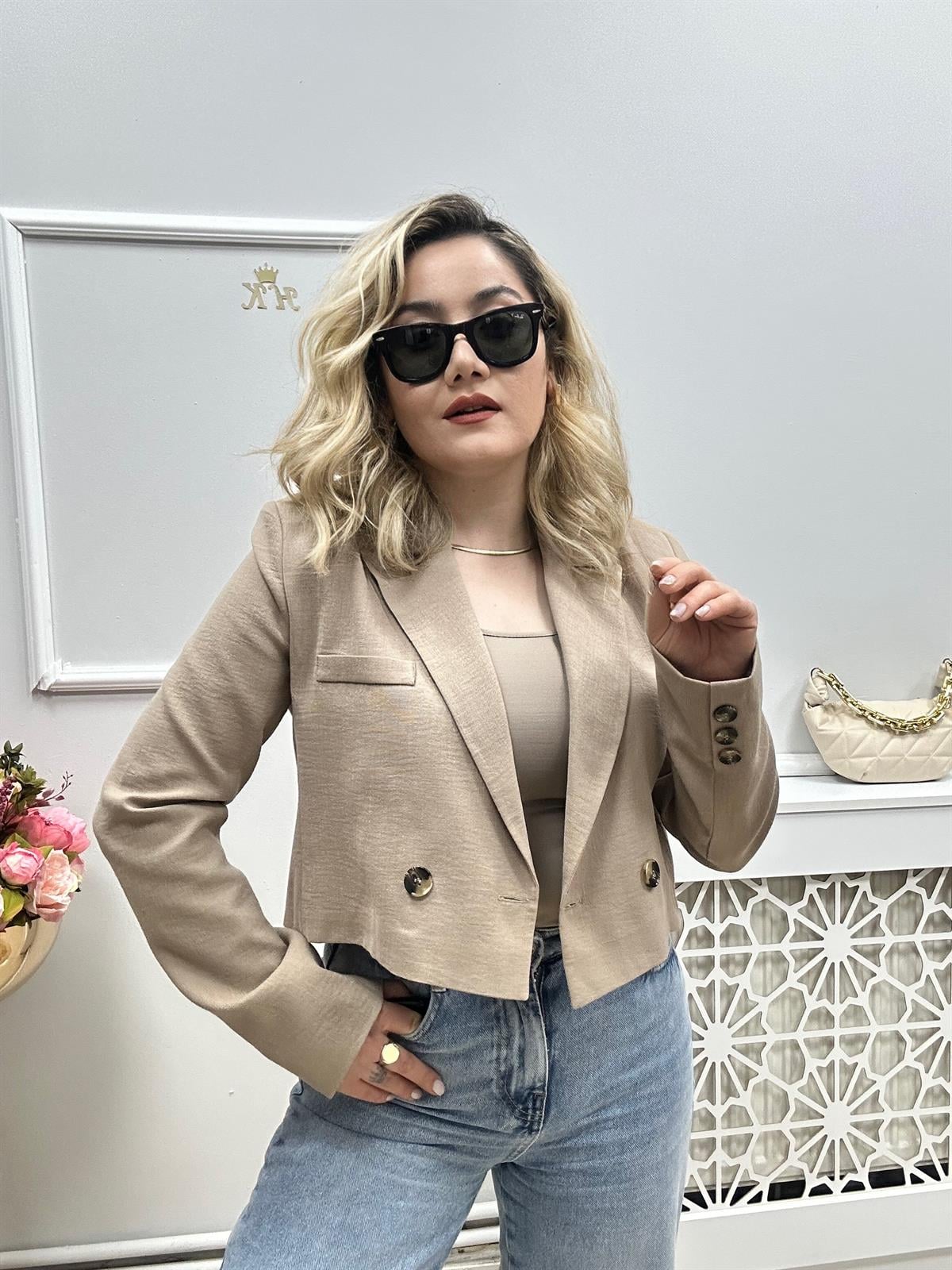 Keten Crop Ceket Camel