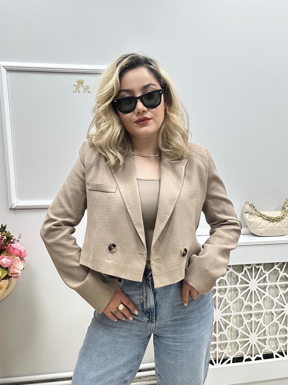 Keten Crop Ceket Camel