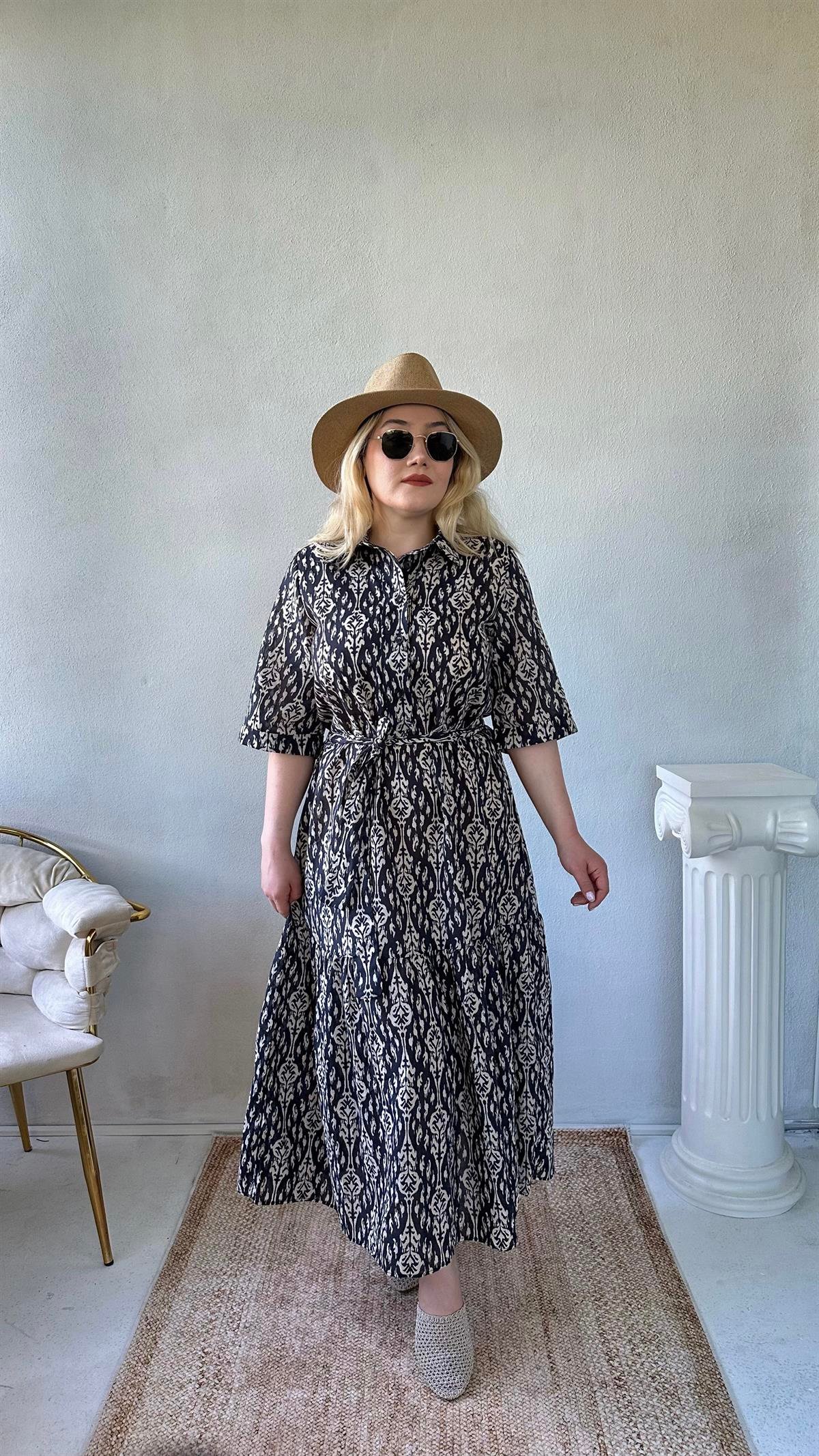 Keten Motif Desenli Maxi Elbise