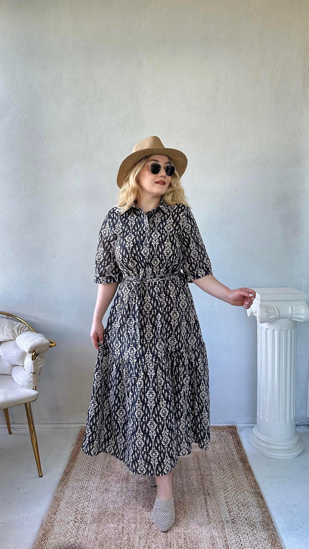 Keten Motif Desenli Maxi Elbise