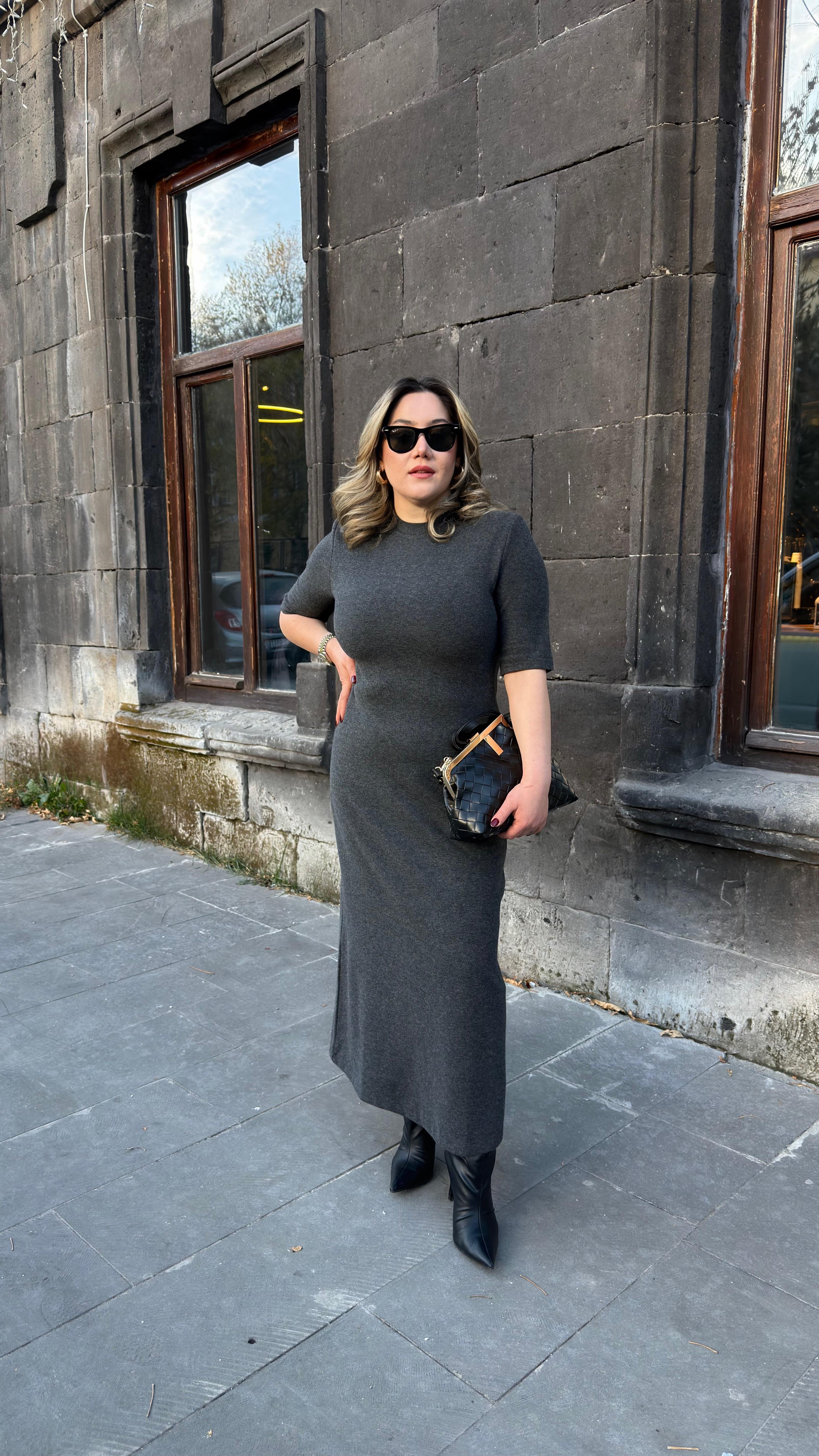 KISA KOL TRİKO ELBİSE ANTRASİT 