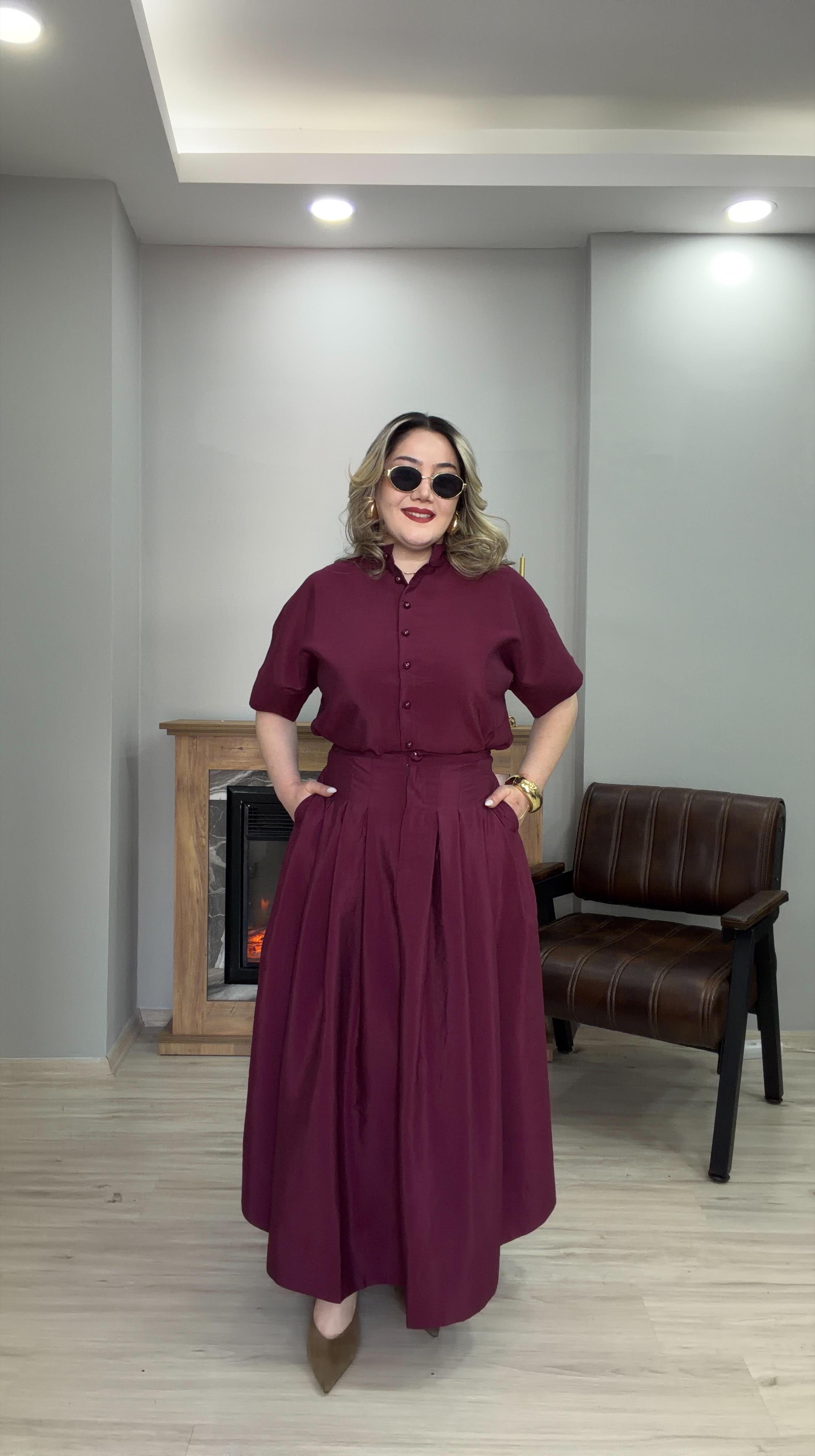 KLOŞ ETEK GÖMLEK TAKIM BORDO