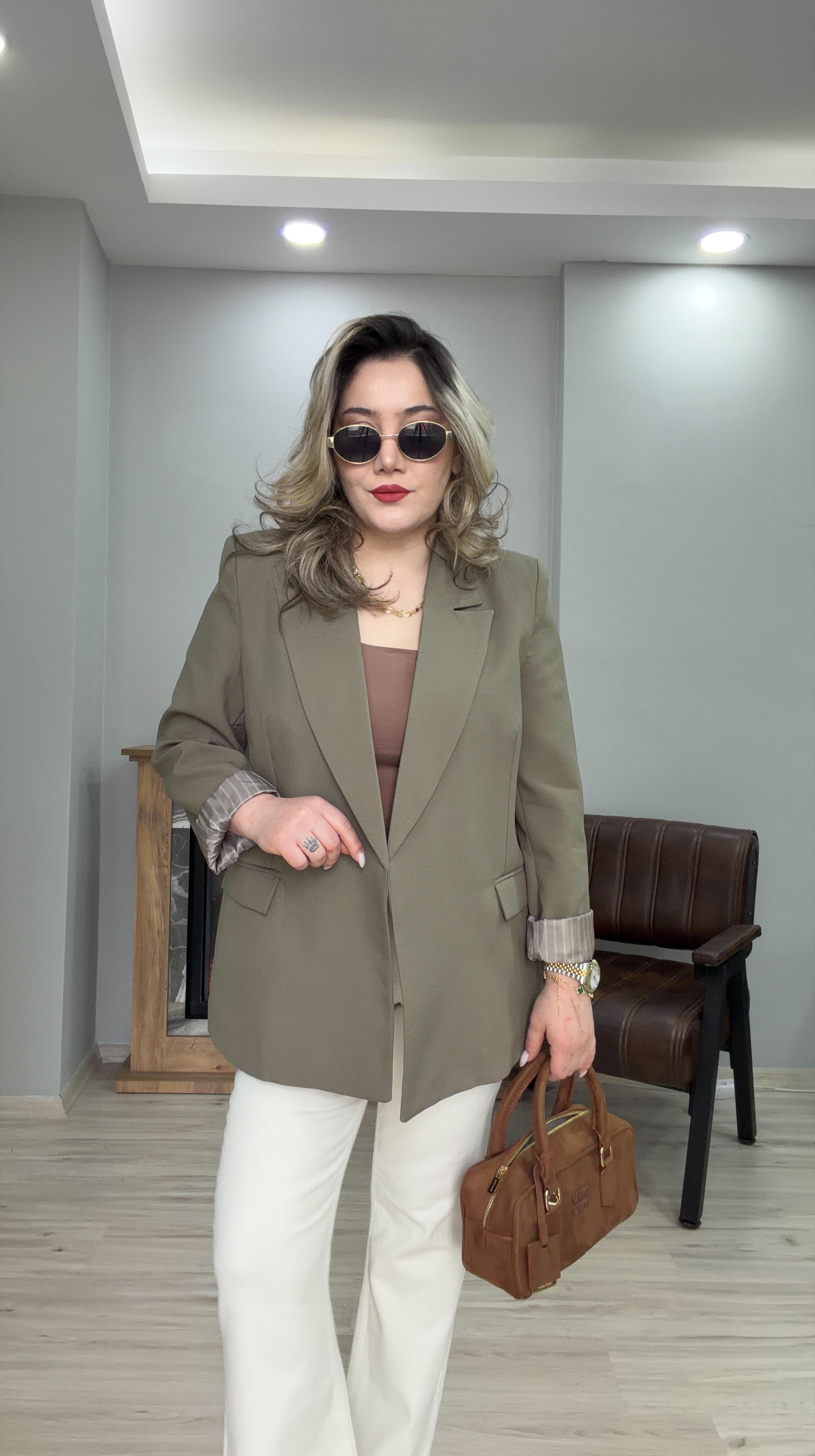 KOL KATMALI ÇİZGİLİ ASTARLI BLAZER CEKET HAKİ