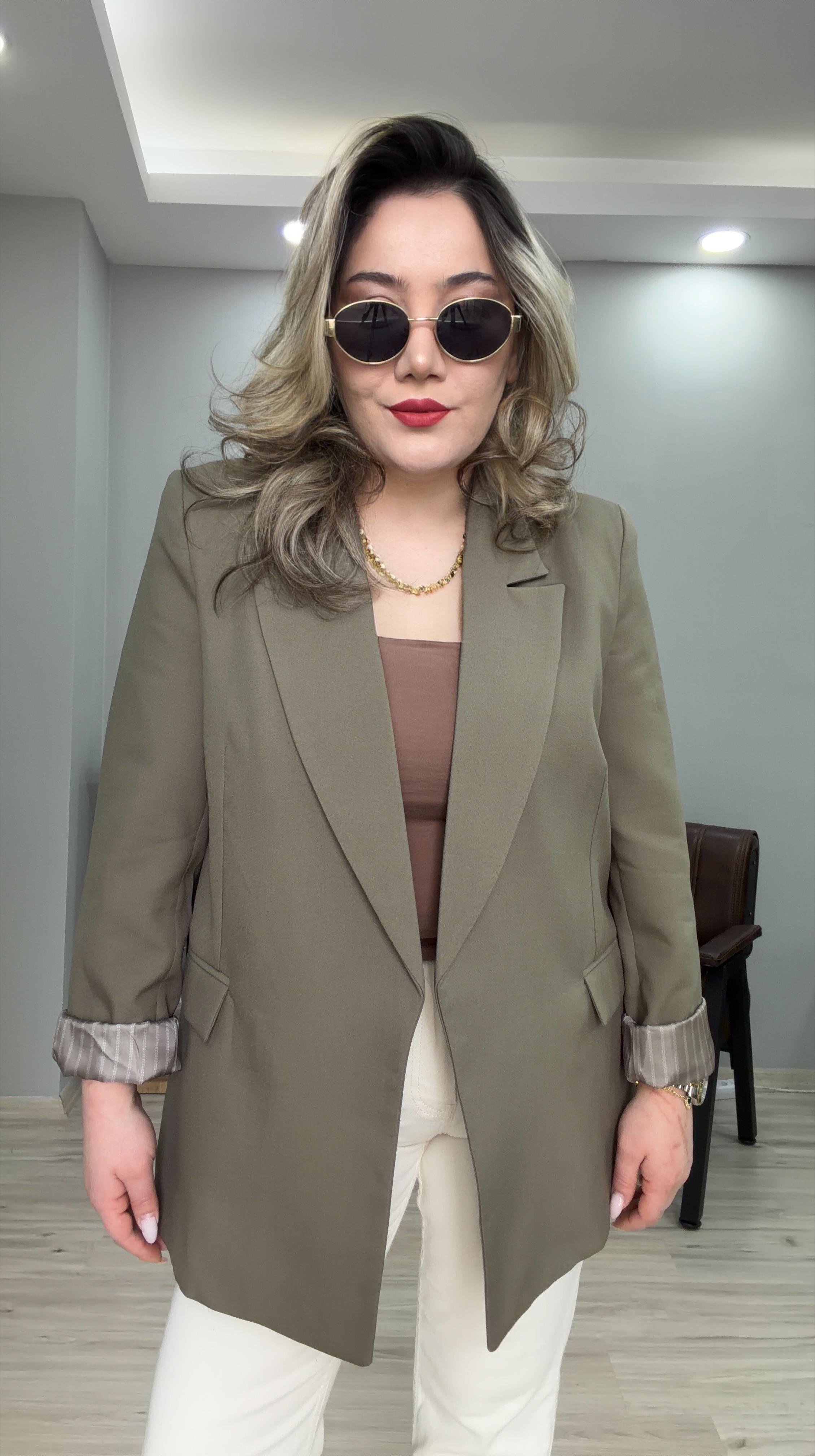 KOL KATMALI ÇİZGİLİ ASTARLI BLAZER CEKET HAKİ