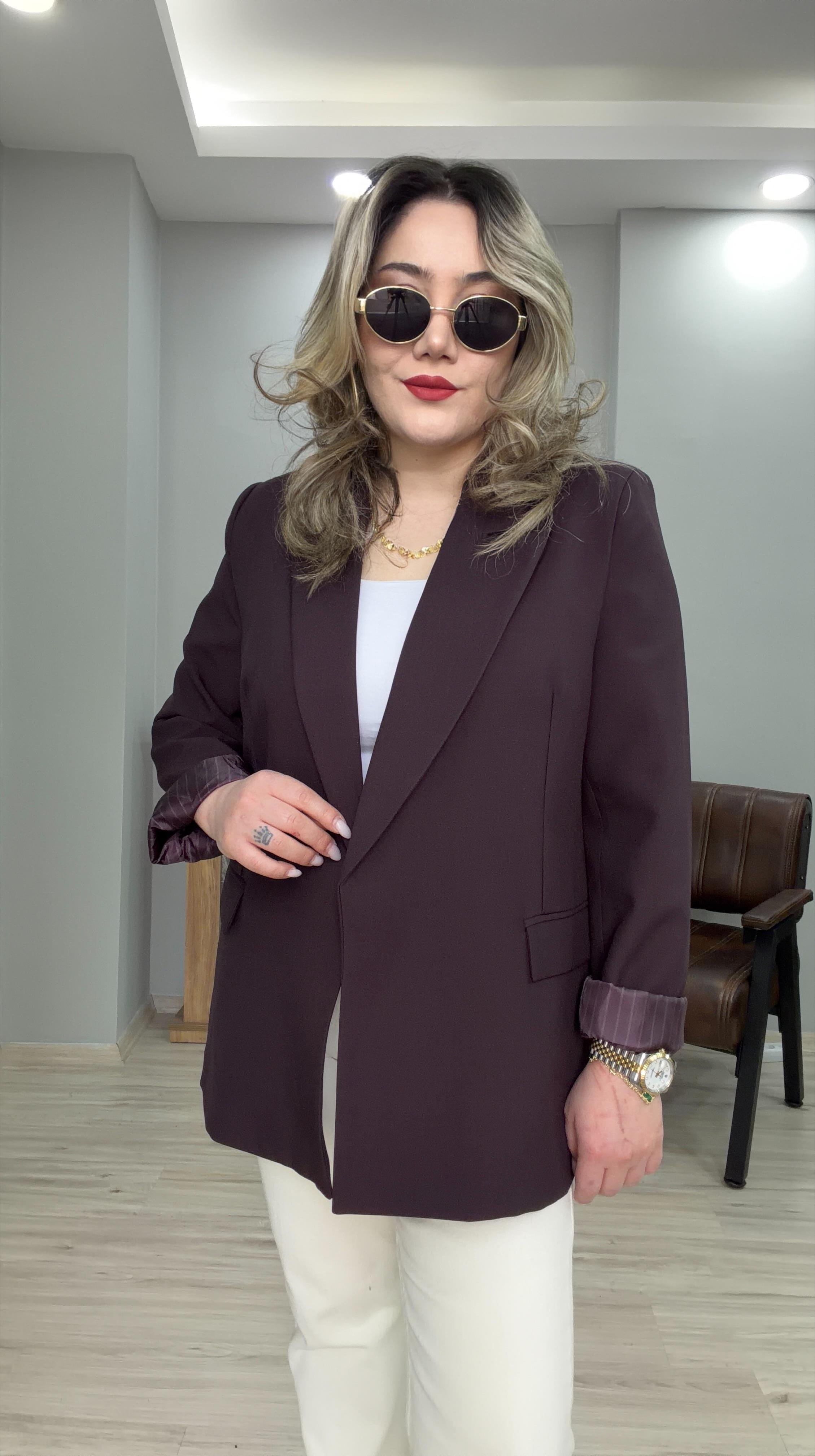 KOL KATMALI ÇİZGİLİ ASTARLI BLAZER CEKET MÜRDÜM 