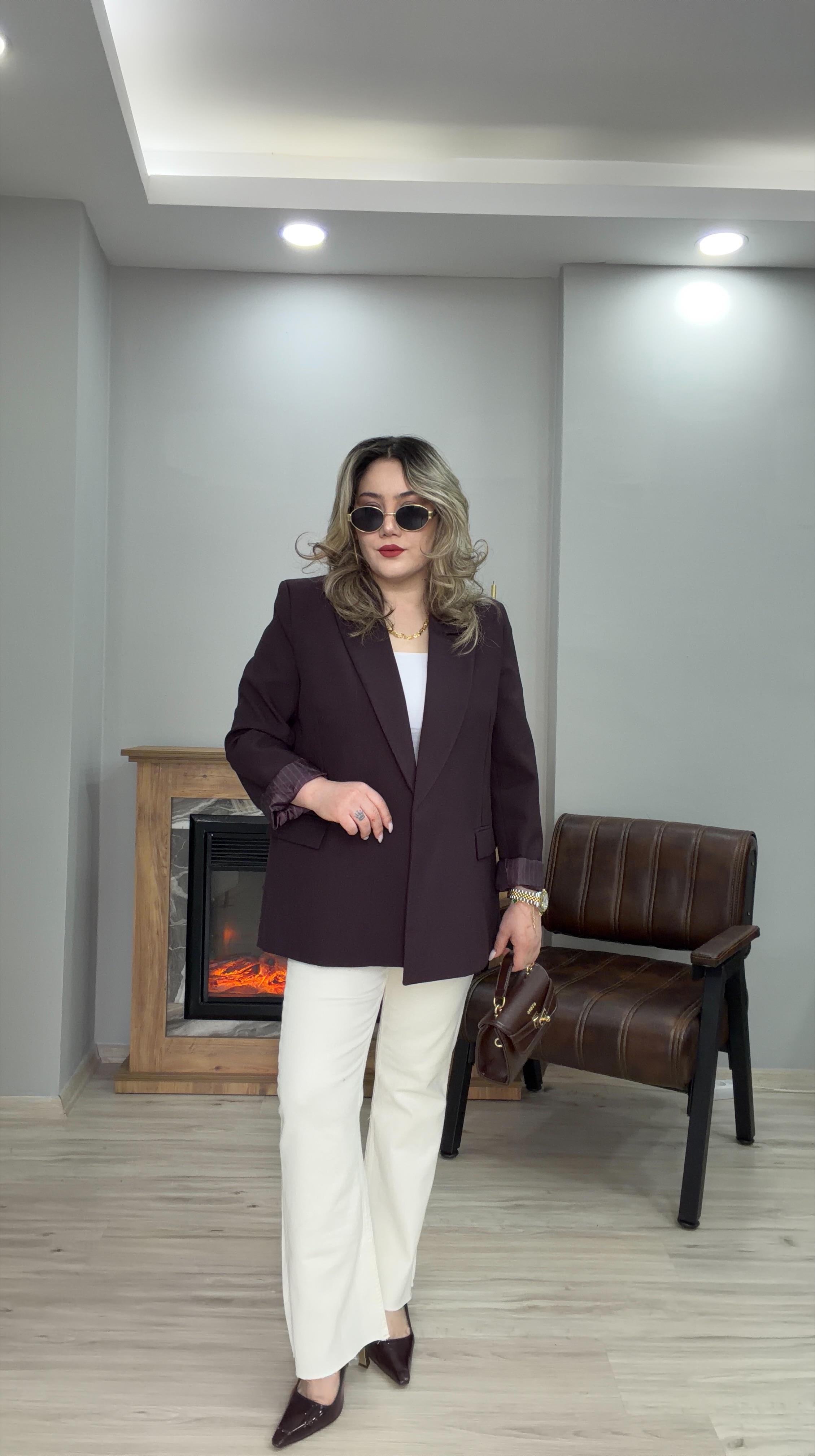 KOL KATMALI ÇİZGİLİ ASTARLI BLAZER CEKET MÜRDÜM 