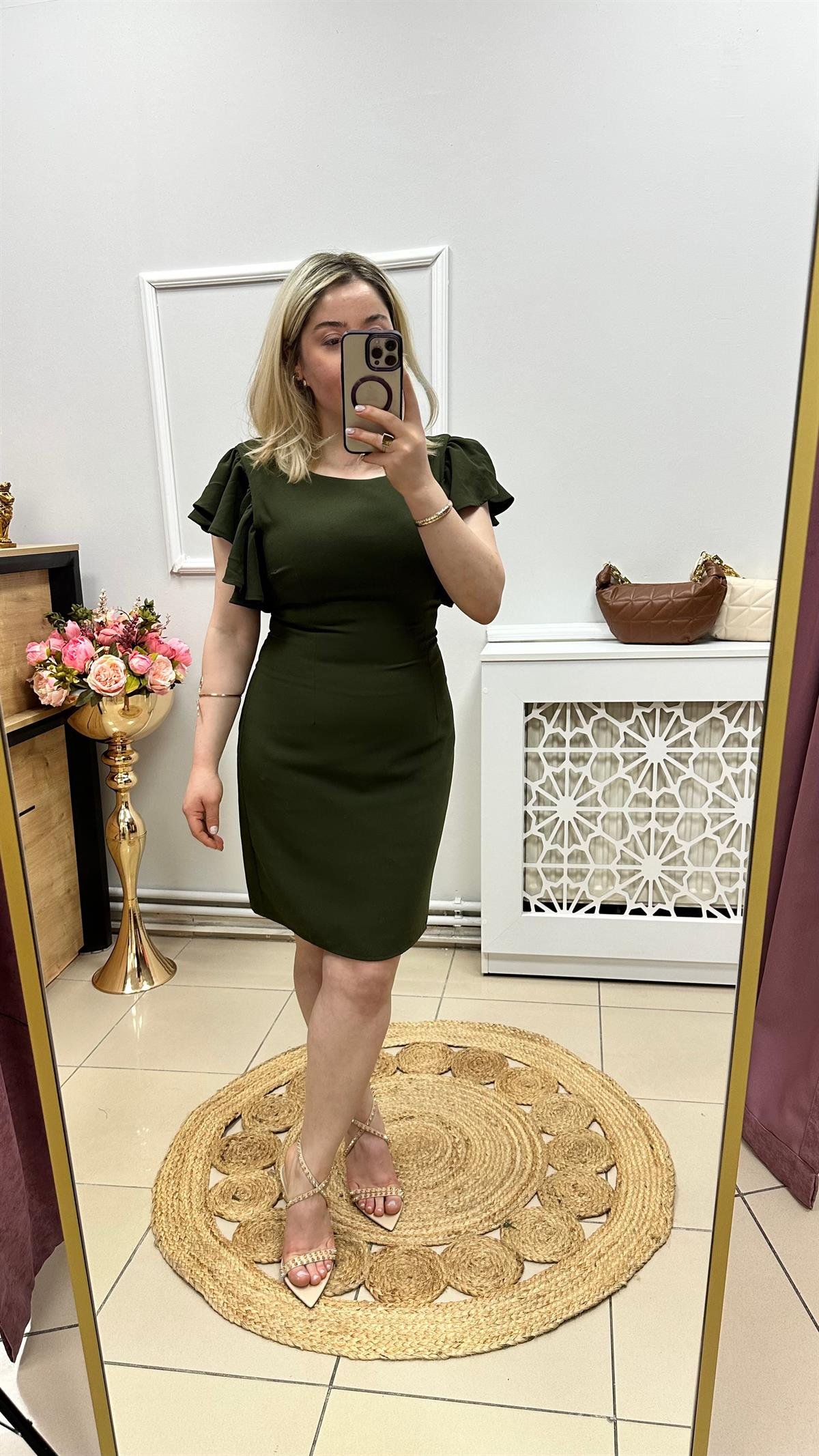 Kolları Volanlı Mini Elbise Haki