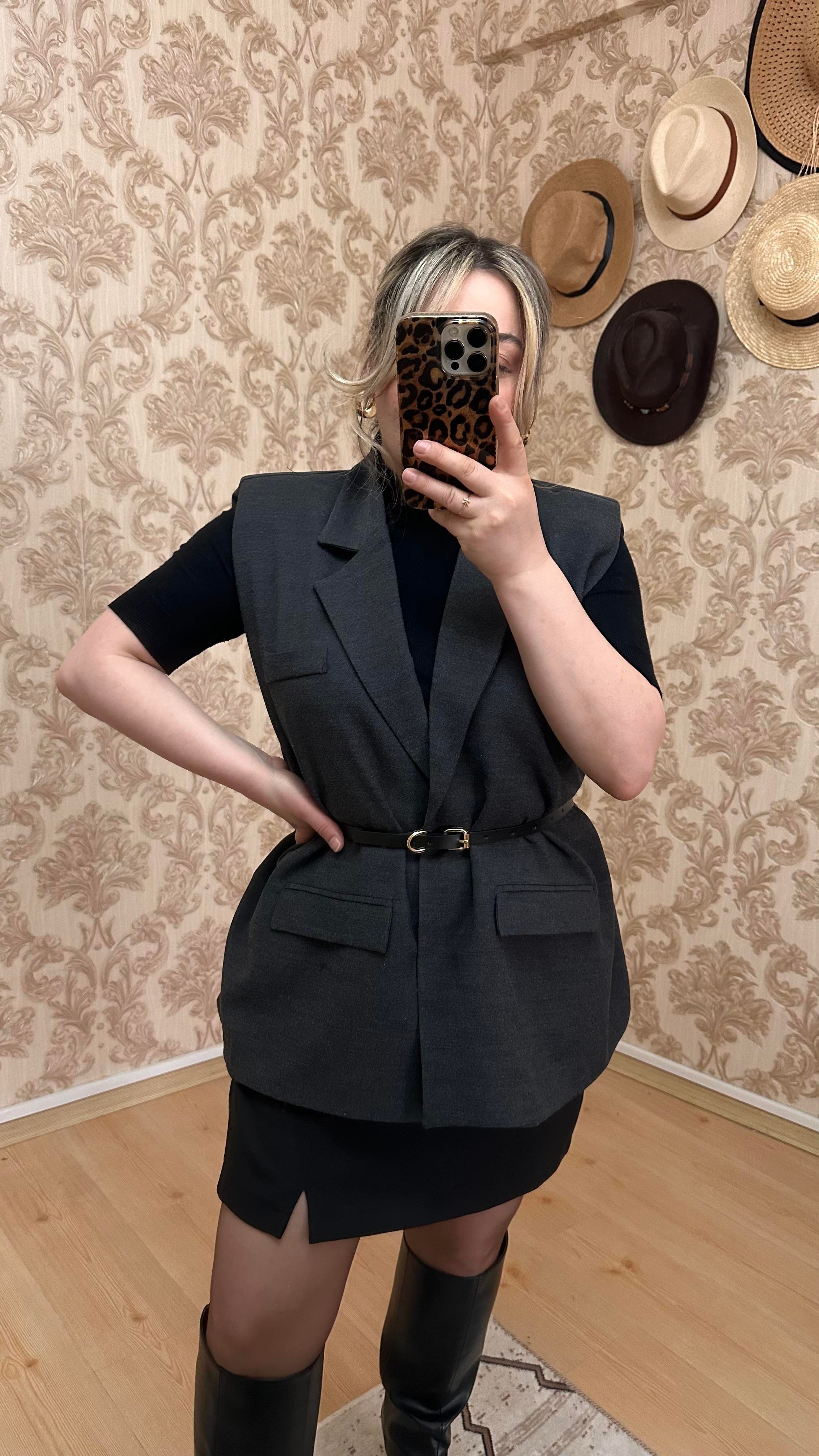 KOLSUZ KEMERLİ BLAZER CEKET YELEK ANTRASİT