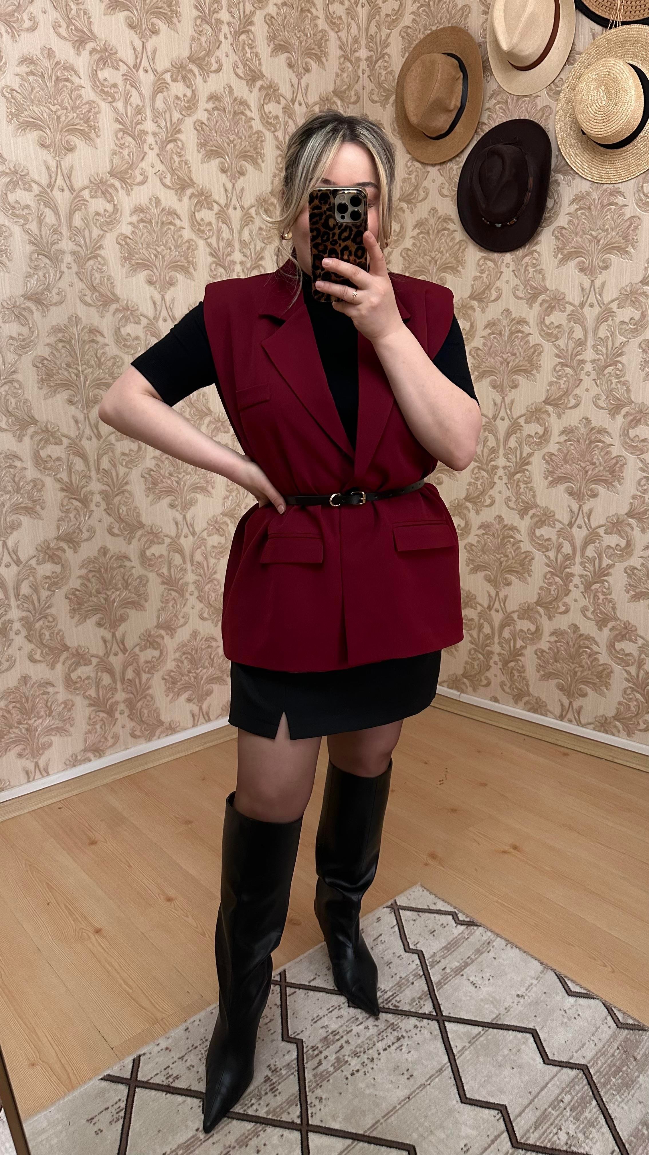 KOLSUZ KEMERLİ BLAZER CEKET YELEK BORDO